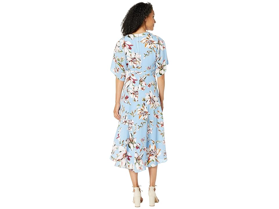 

Tahari by ASL Printed Georgette Tie Wrap Dress w/ High-Low Hemline (Clematis Sky Blue) Women's Dress, Multi