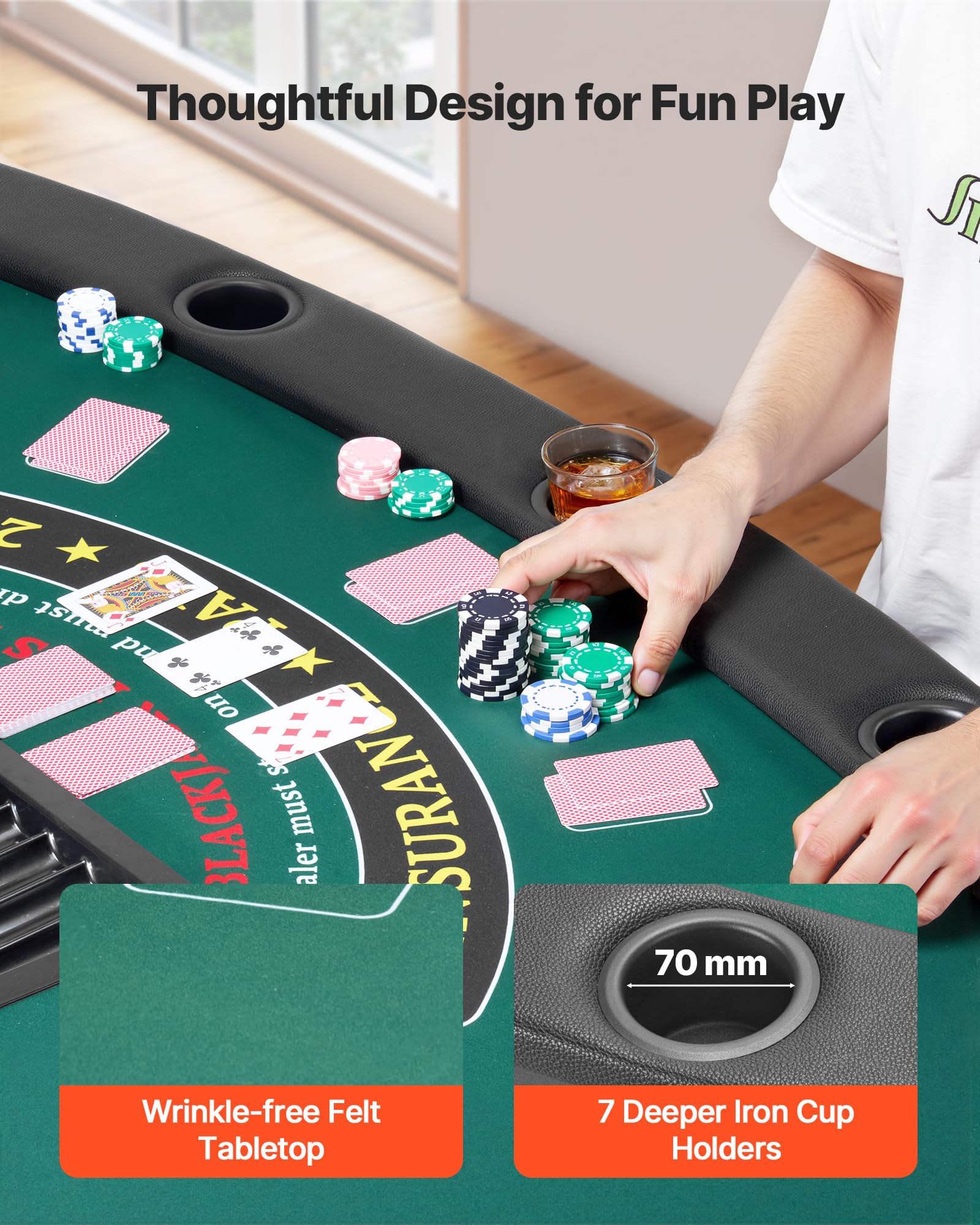 VEVOR klappbarer Pokertisch für 7 Spieler 183 cm Kasino-Freizeittisch mit gepolsterten Schienen & Getränkehaltern, Halbovale tragbare Spieltische mit Filz- und Metallbeinen