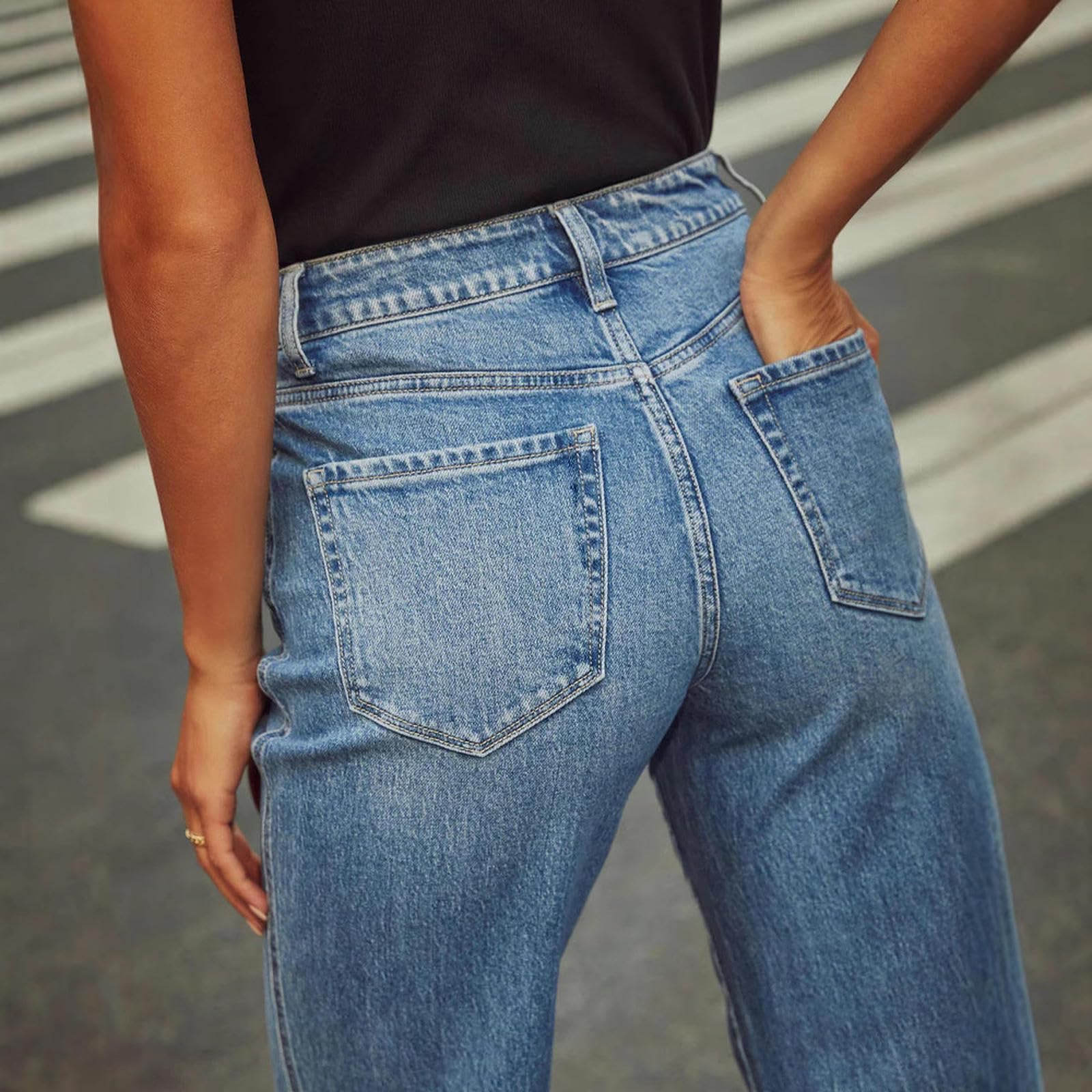 Jeans Donna Larghi A Medio Aumento Femminile Arrotolato Gamba Larga Casual Pantaloni di Denim alla Caviglia Sciolti-Blu-XL