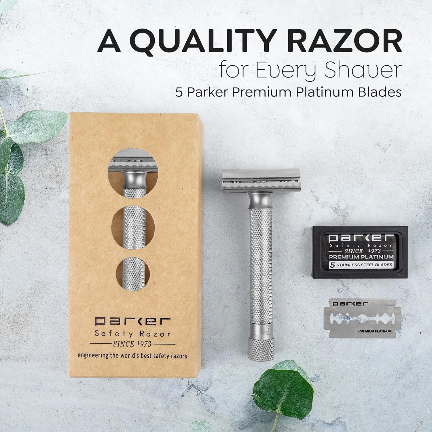 Parker Safety Razor Parker Variante regolabile doppio bordo rasoio di sicurezza e 5 Premium Blades - Cromo satinato