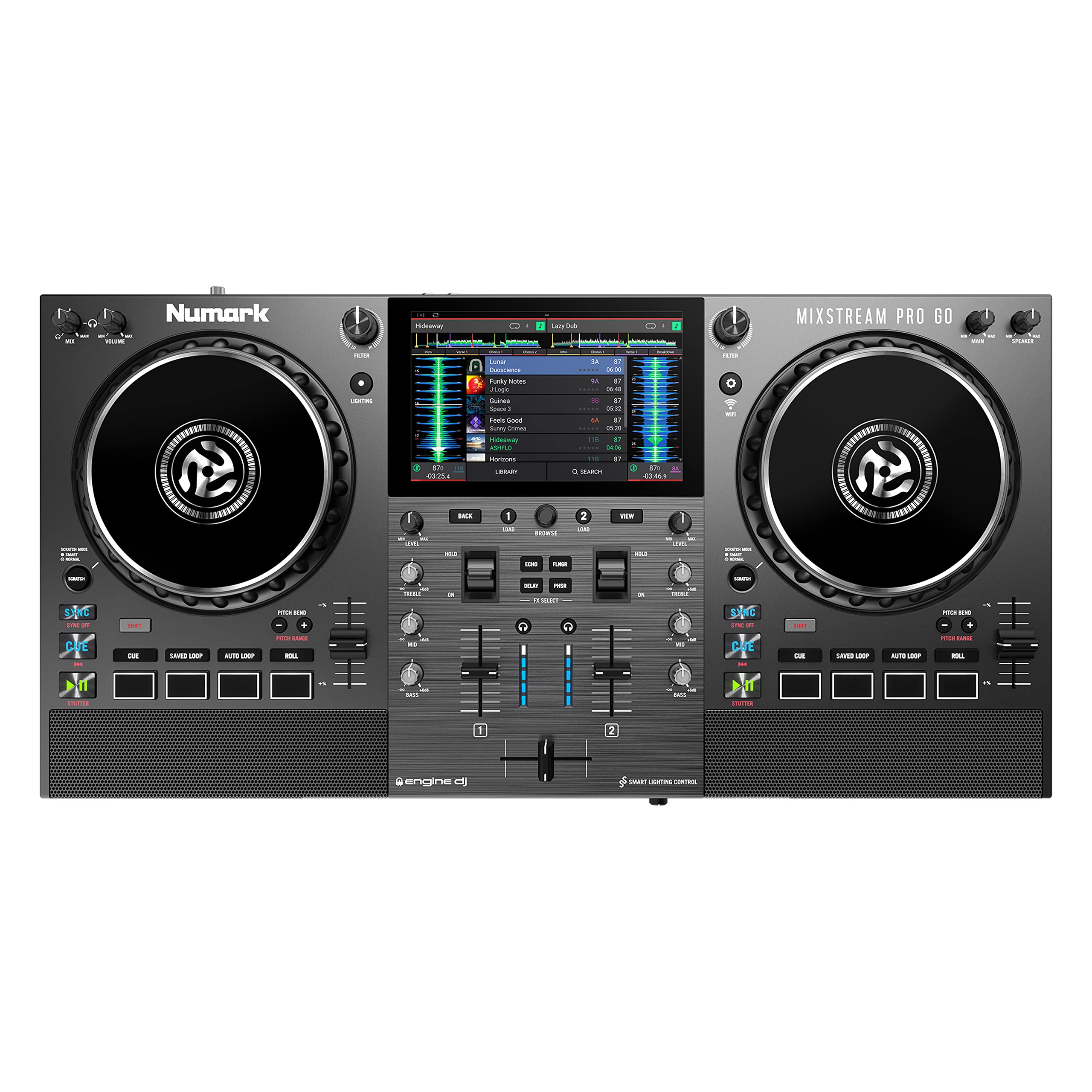 Numark Mixstream Pro Go Controller DJ z mixerem, separacją stem, głośnikami, Wi-Fi, ekranem dotykowym, kompatybilny z Serato DJ