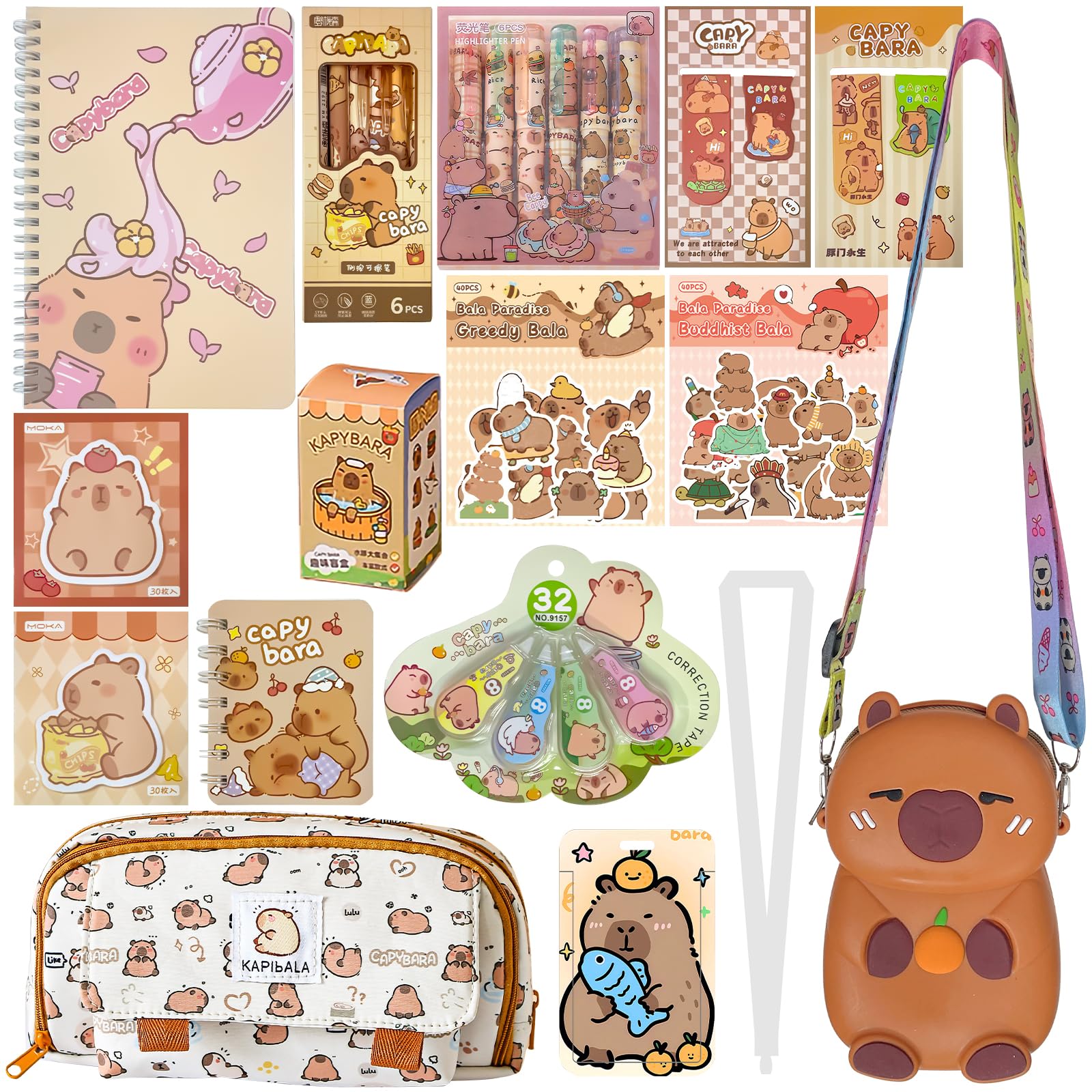 Estuche Capibara Papeleria Capibara Estuches Escolares, Pegatinas Capibara Bolígrafo Borrable,Marcapáginas,Notas Adhesivas,Cinta Correctora,Set Creativo Regalos para Estudiantes y Profesores