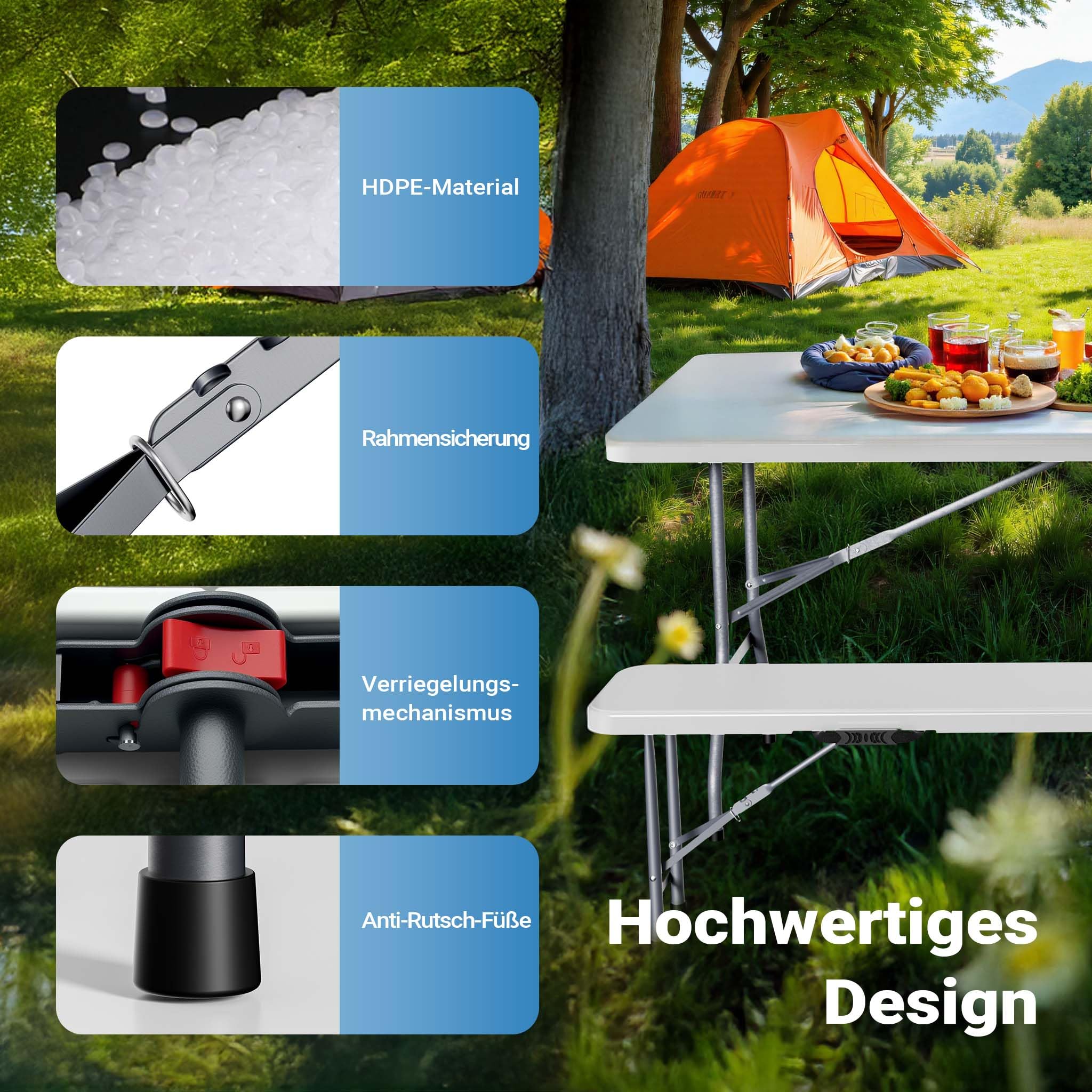 Wiltec Klappbank 180x30x43 cm Camping Sitzbank klappbar Campingbank Gartenbank Bierbank faltbar Sitzgruppe Sitzgarnitur Camping Tisch faltbar