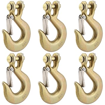 JAPCHET 6 Pack 3/8 Inch Clevis Slip Hook, Heavy Duty Safety Hook with Latch, G70 Forged Steel Tow Chain Clevis Hook Tow Chain Hook for Trailer, Truck, Winch, Rigging, Gold