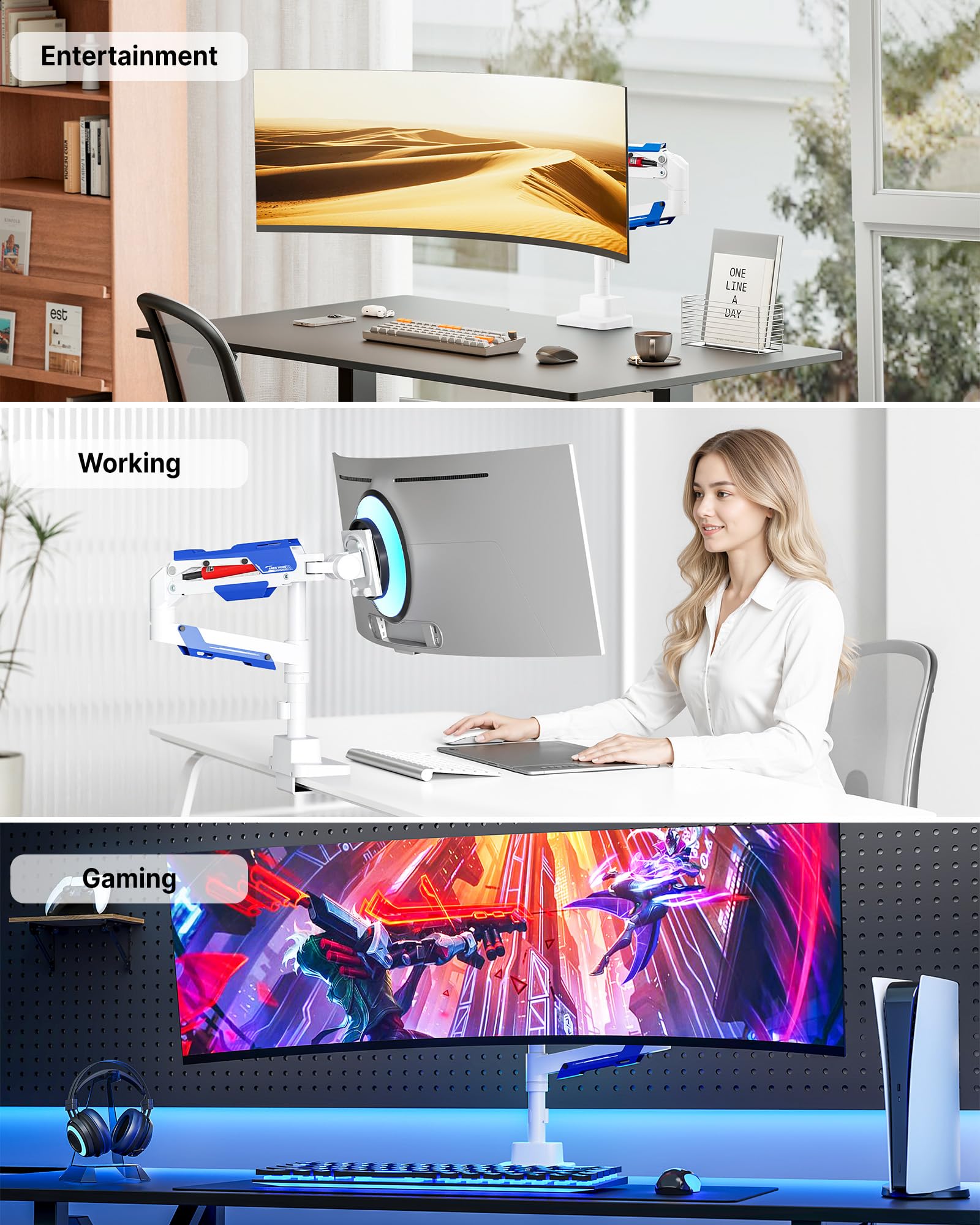 ARES WING Supporto per monitor per schermo da 24 – 57", Bianco | resistente supporto per monitor fino a 30 kg, braccio per monitor da gioco con asta, VESA Max 200 x 200