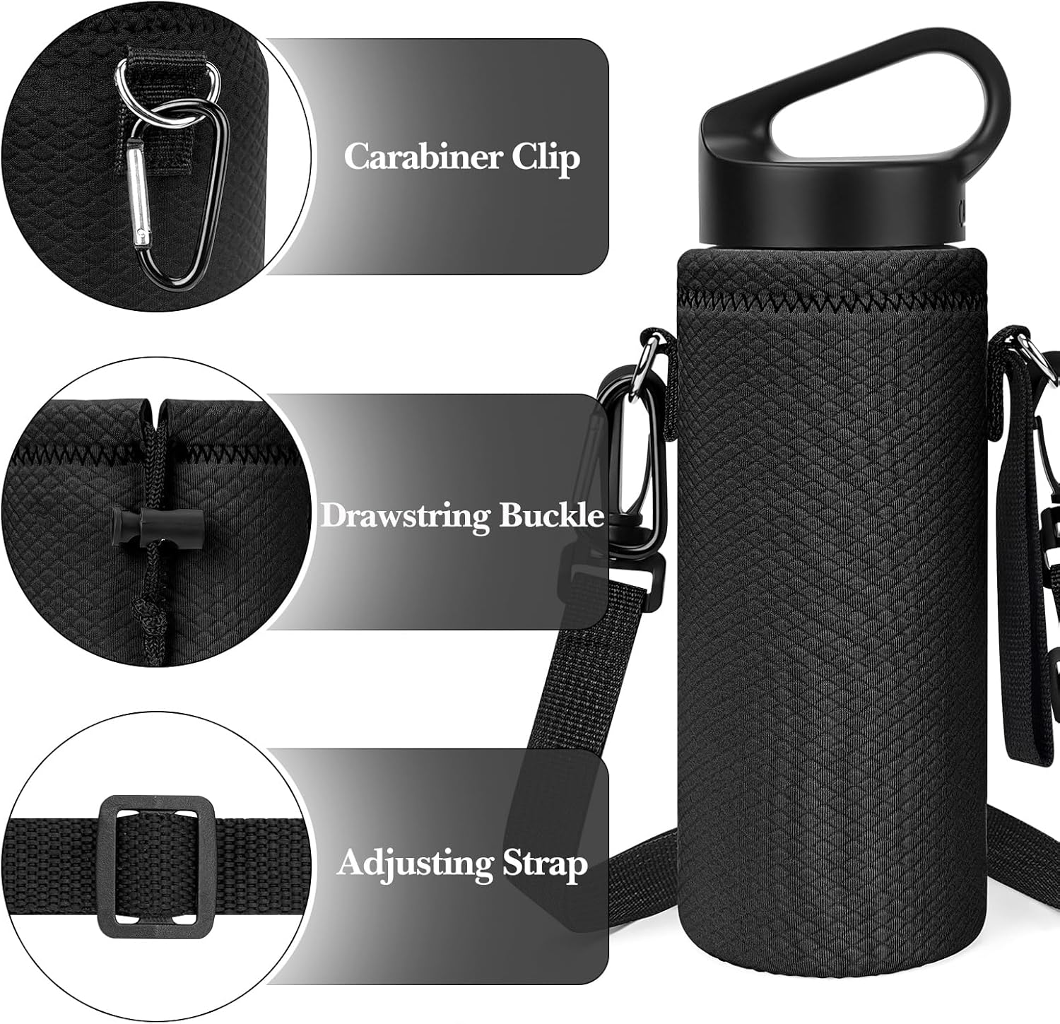Linkidea Water Bottle Carrier with Shoulder Strap Compatible with Hydroflask Standard Mouth 18oz, CamelBak Carry Cap 20oz,Waterbottle Sling Bag Holder (Black) - Image 4