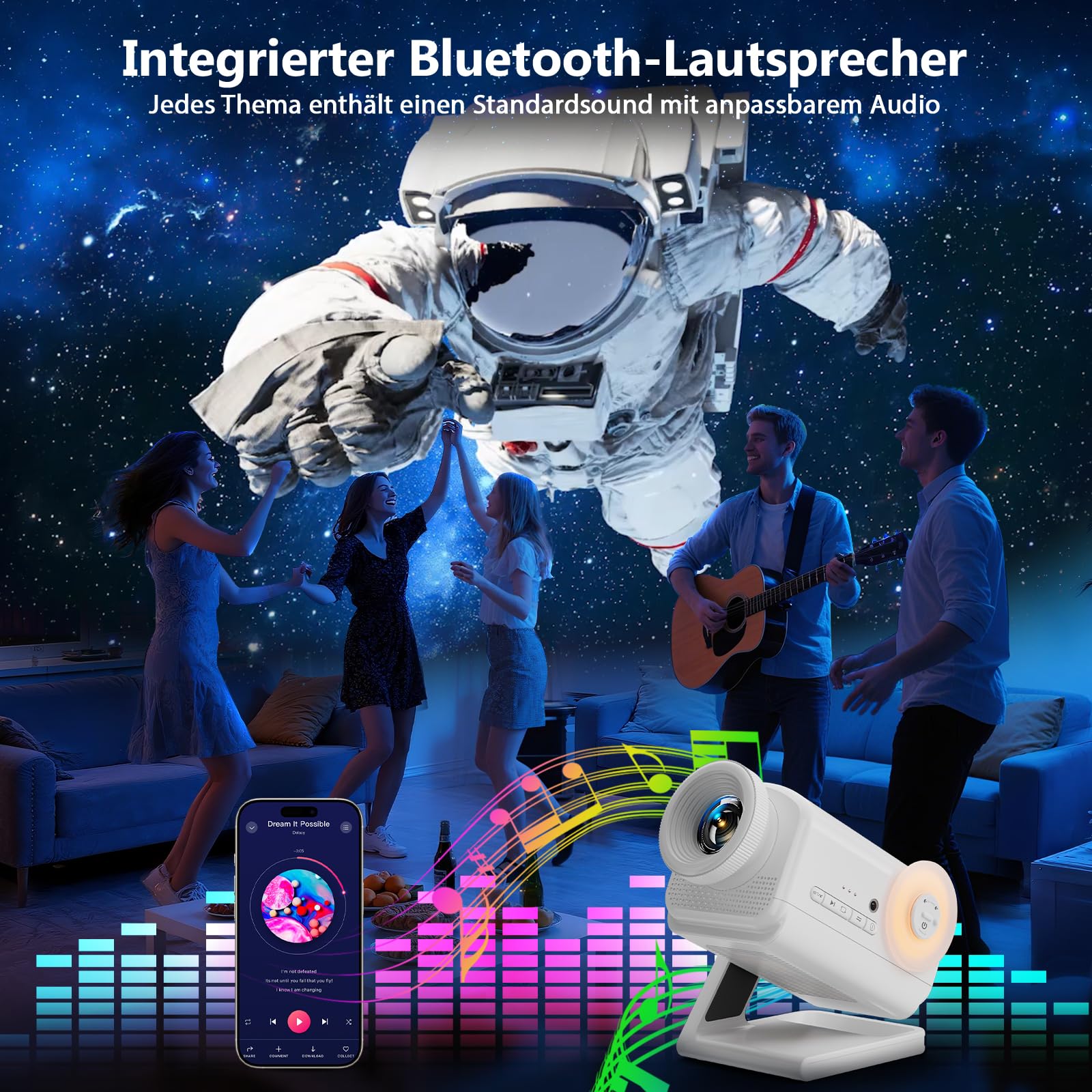 3D Galaxy Projektor, HD Sternenhimmel Projektor mit Bluetooth-Lautsprecher, 60 3D-Themen, Helligkeitsregelung, 1/2/4H Timer, LED Nachtlicht für Kinderzimmer & Erwachsene, Geschenk (Weiß)