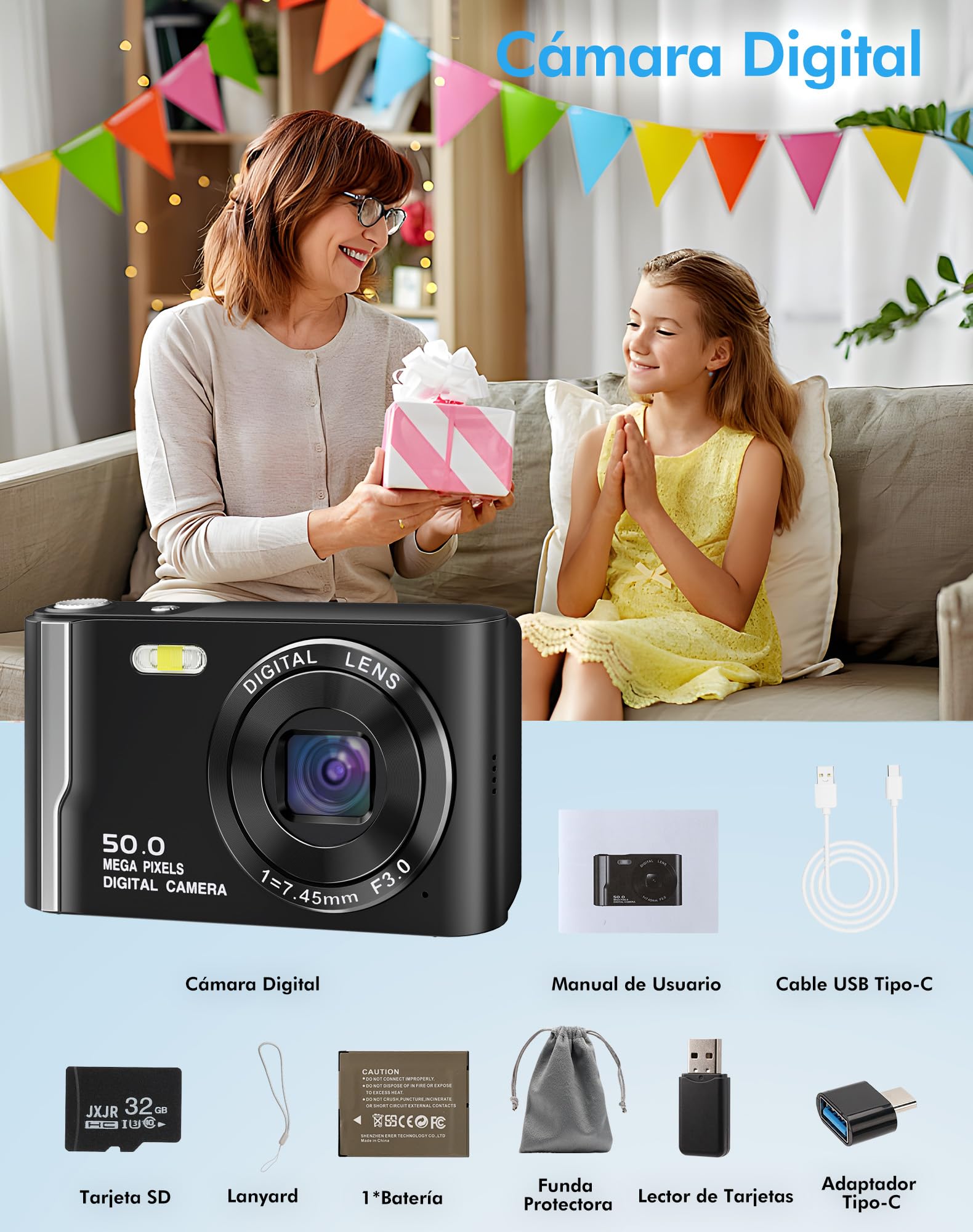 Cámara Digital, Camara de Fotos 4K 50MP con Pantalla de 2,8″ y Zoom 16X, Camara Digital Compacta con Tarjeta 32GB, Autoenfoque y Estabilización, para Niños, Adolescentes y Principiantes, Negro