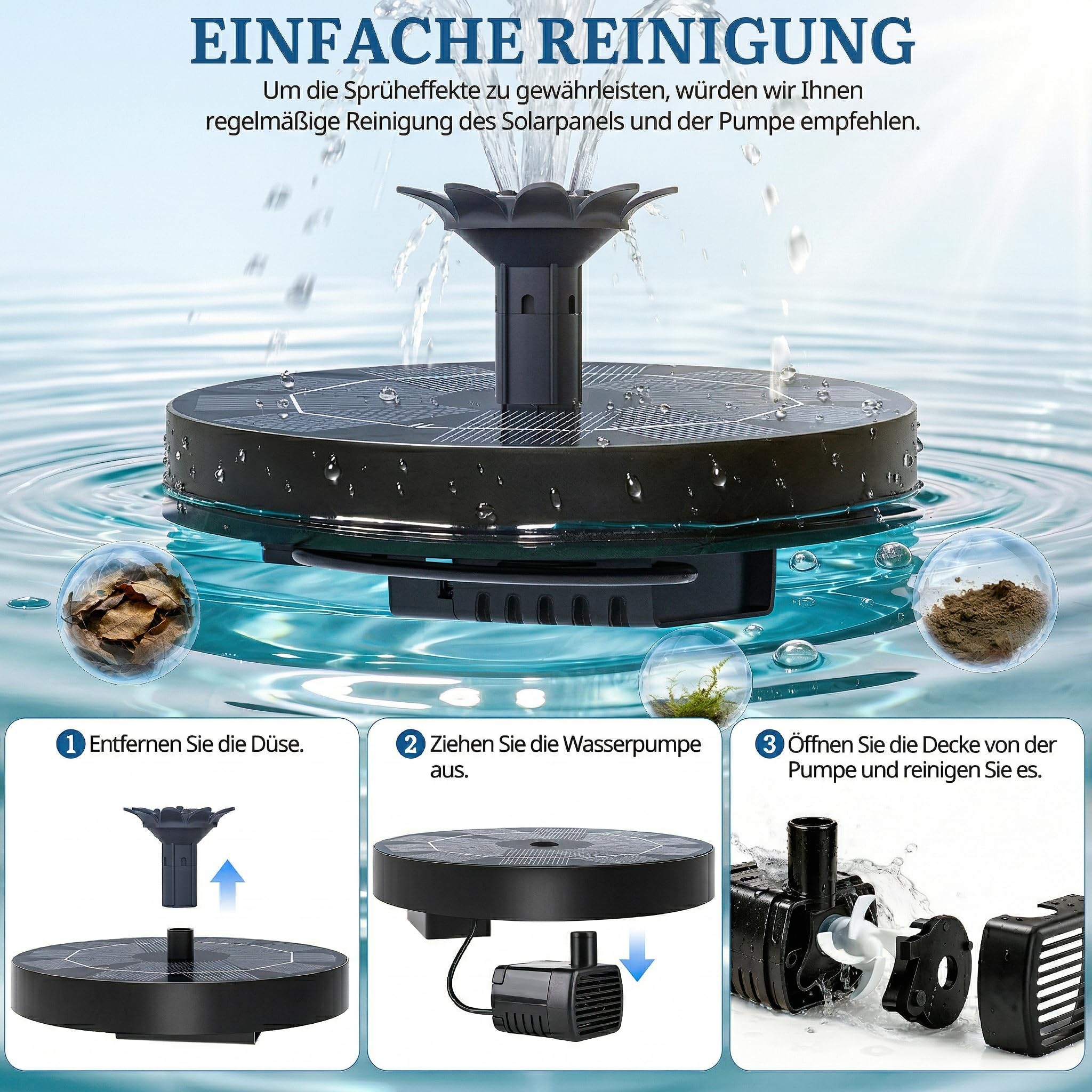 Solar Springbrunnen, Solar Teichpumpe mit Innovative 4-in-1 Düse, 2026 Neueste 1.8W Solarbrunnen, Solar Wasserpumpe Solar schwimmender Fontäne Pumpe für Gartenteich Springbrunnen Vogel-Bad Pool - 5