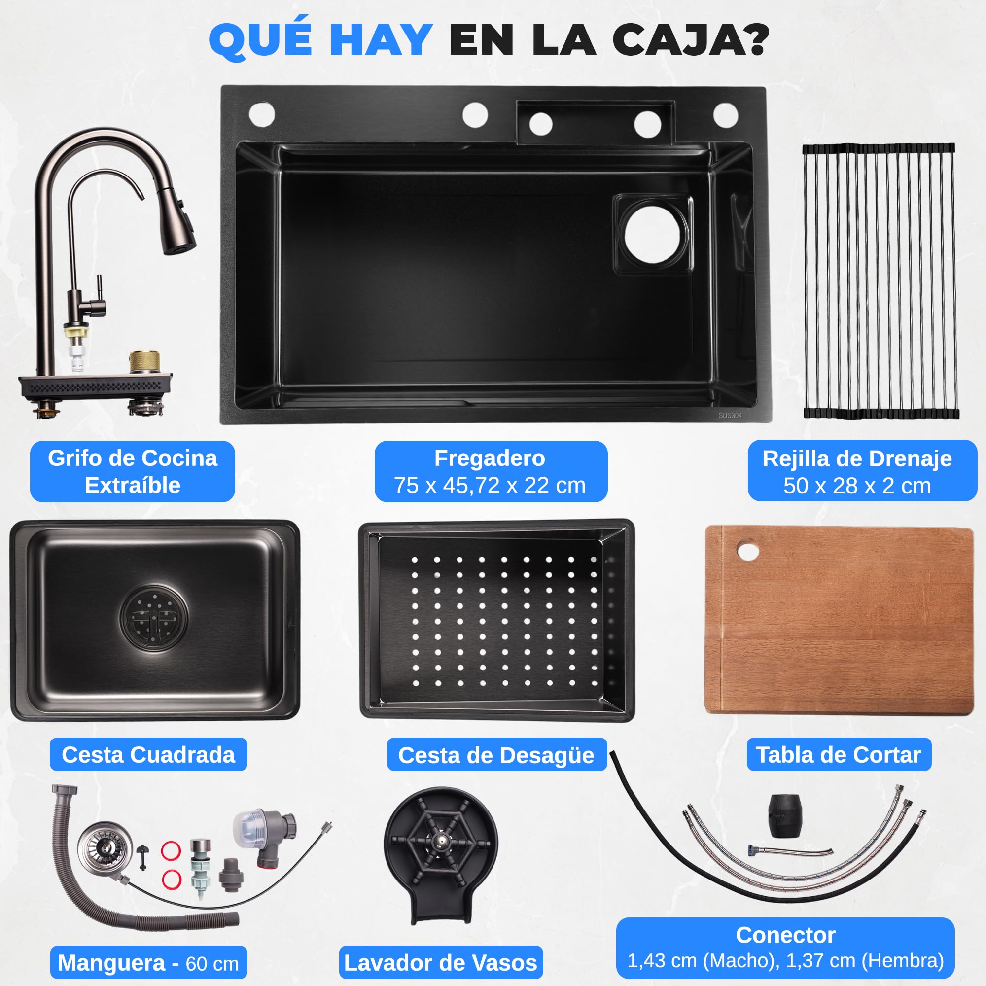 Serenelife fregadero cocina, Con grifo, Rejilla de drenaje, Canasta coladora, Tavla de cortar, Lavavasos, Acero inoxidable, Instalacion bajo o sobre encimera