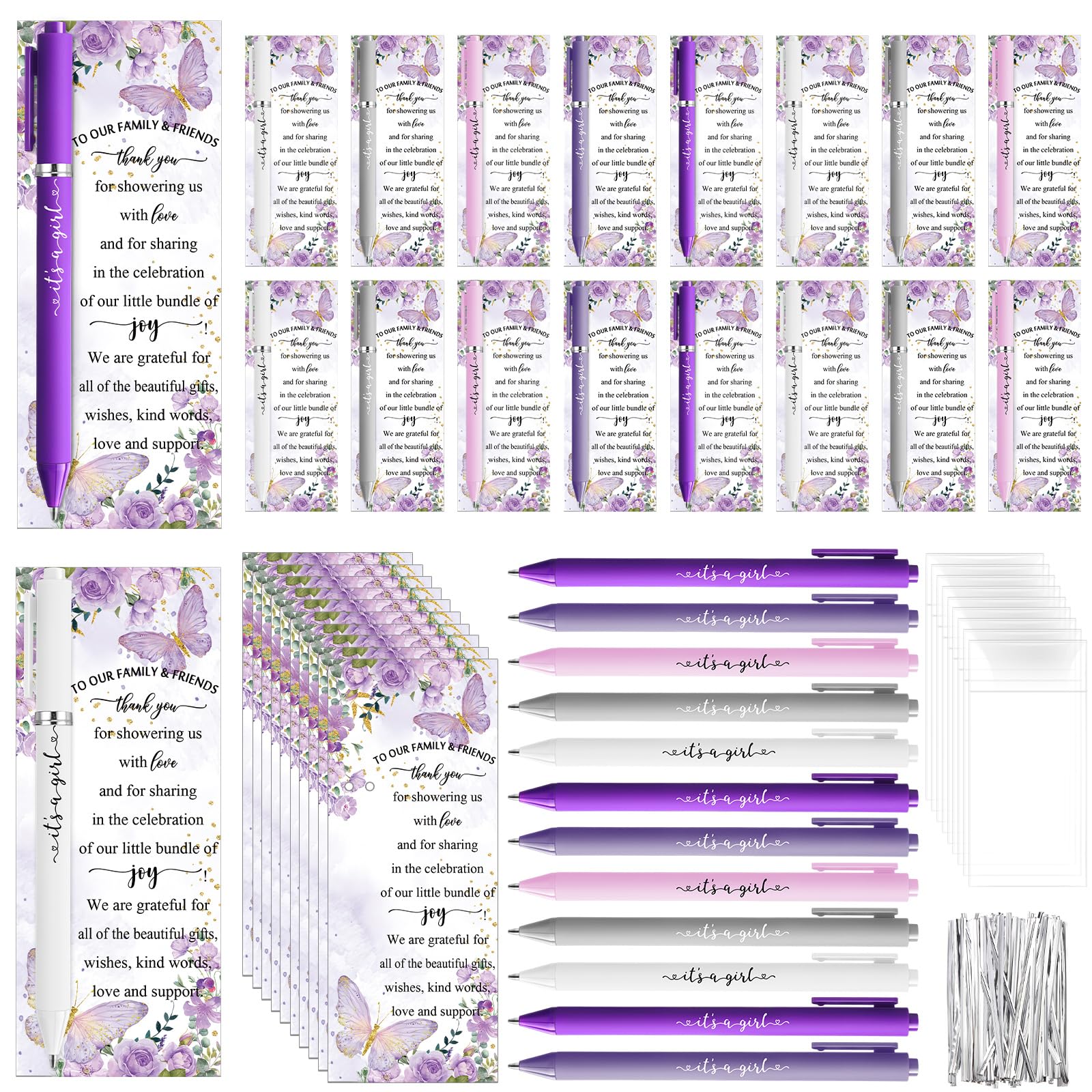 Engrowtic 50 Set Butterfly Baby Shower Party Favors for Guests Purple Baby Shower Pens Retractable Ballpoint Pens with Butterfly Thank You Cards