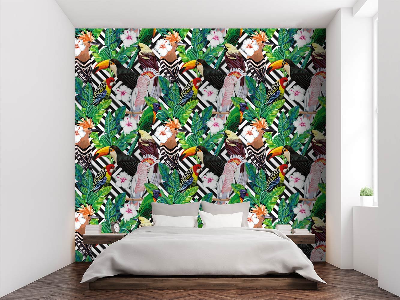 Oedim Papel Pintado Pared Estampado de Aves y Flores Tropicales con Fondo Geométrico Vintage | Fotomural para Paredes | Mural | Papel Pintado | 200 x 150 cm |