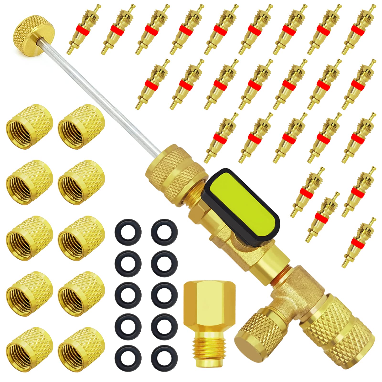 Photo 1 of NQN Valve Core Remover Installer Tool with Dual Size SAE 1/4 & 5/16 Port, 25 PCS Valve Cores with Teflon Seal and 10 PCS Brass Nuts, Compatible with HVAC R22 R134A R12 R407 R410 R404 R32 R600 A/C 47 PCS