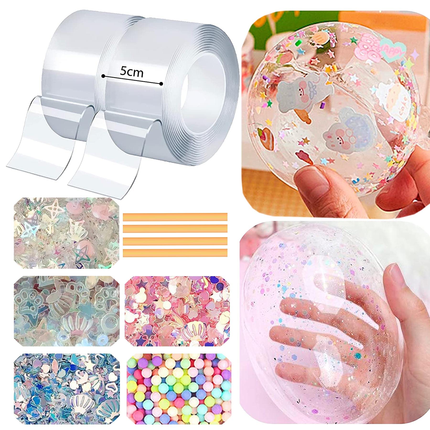 5cm Nano Tape Bubbles Kit w/Sprinkles and Straw - the Perfect Satisfying ASMR Art & Craft Toy for Kids - Inflate Bubble with Water/Air (2 Tapes+4 Straws, 4 Bags of Filling Sequins) (white+white)