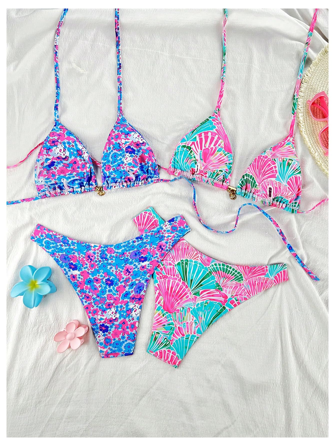 Damski 4-częściowy Zestaw Bikini Kwiatowy Strój Kąpielowy Typu Halter Trójkątny Z Wysokim Wycięciem Wielokolorowy Średni