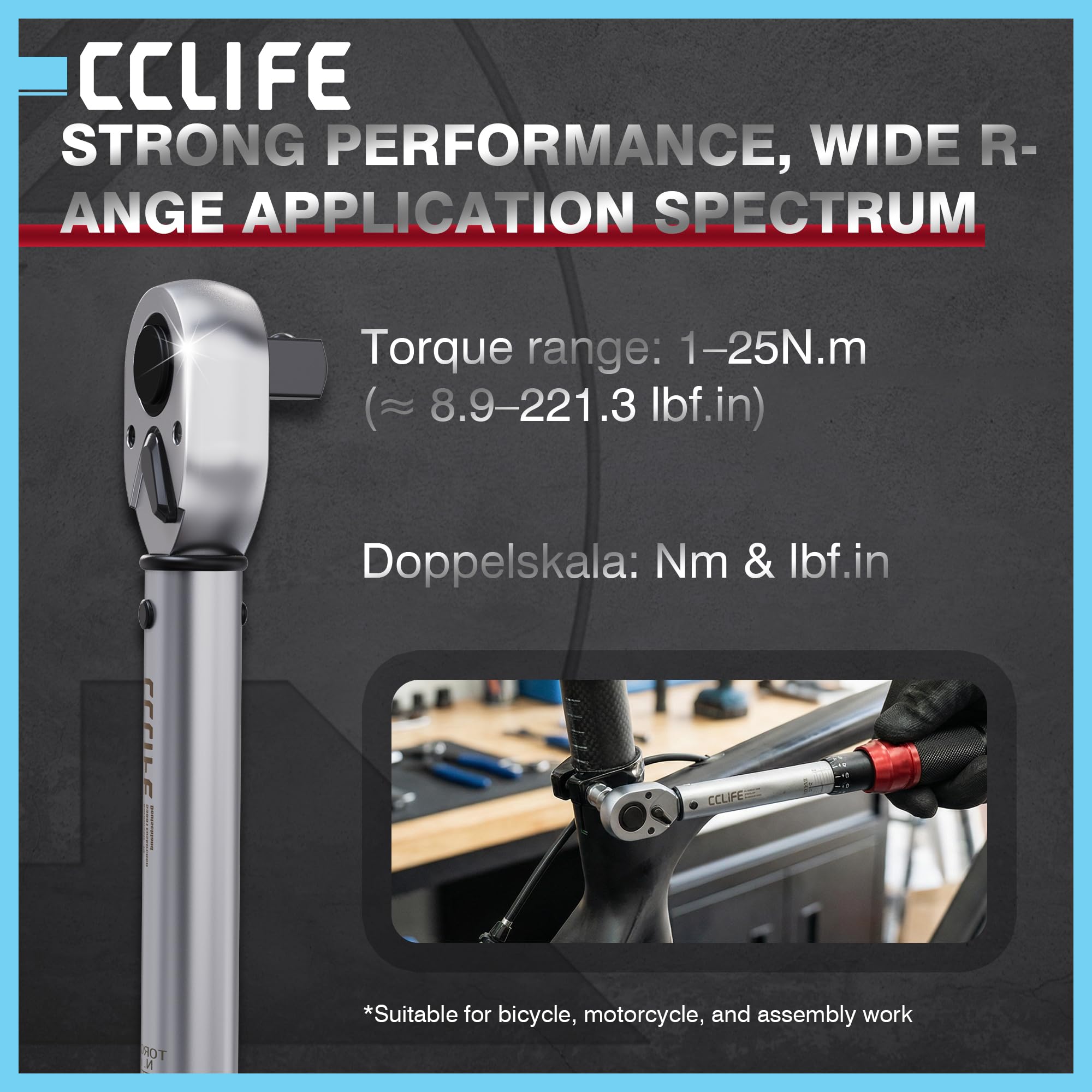 CCLIFE Klucz dynamometryczny 1/4 cala Click 1-25 Nm – precyzyjny moment obrotowy klucz do roweru i motocykla, niezawodne kliknięcie, łatwe ustawienie skali do warsztatu i prac typu "zrób to sam"