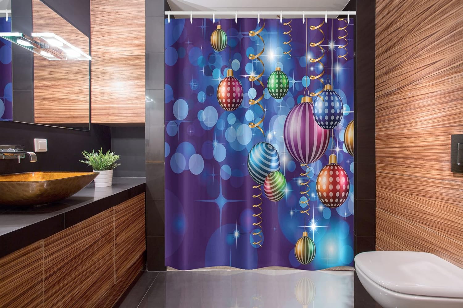 Ambesonne Christmas Stall Shower Curtain, Happy New Year Party Celebrations Swirling Ornaments and Balls Print, Fabric Bathroom Decor Set with Hooks, 54" W x 78" L, Indigo