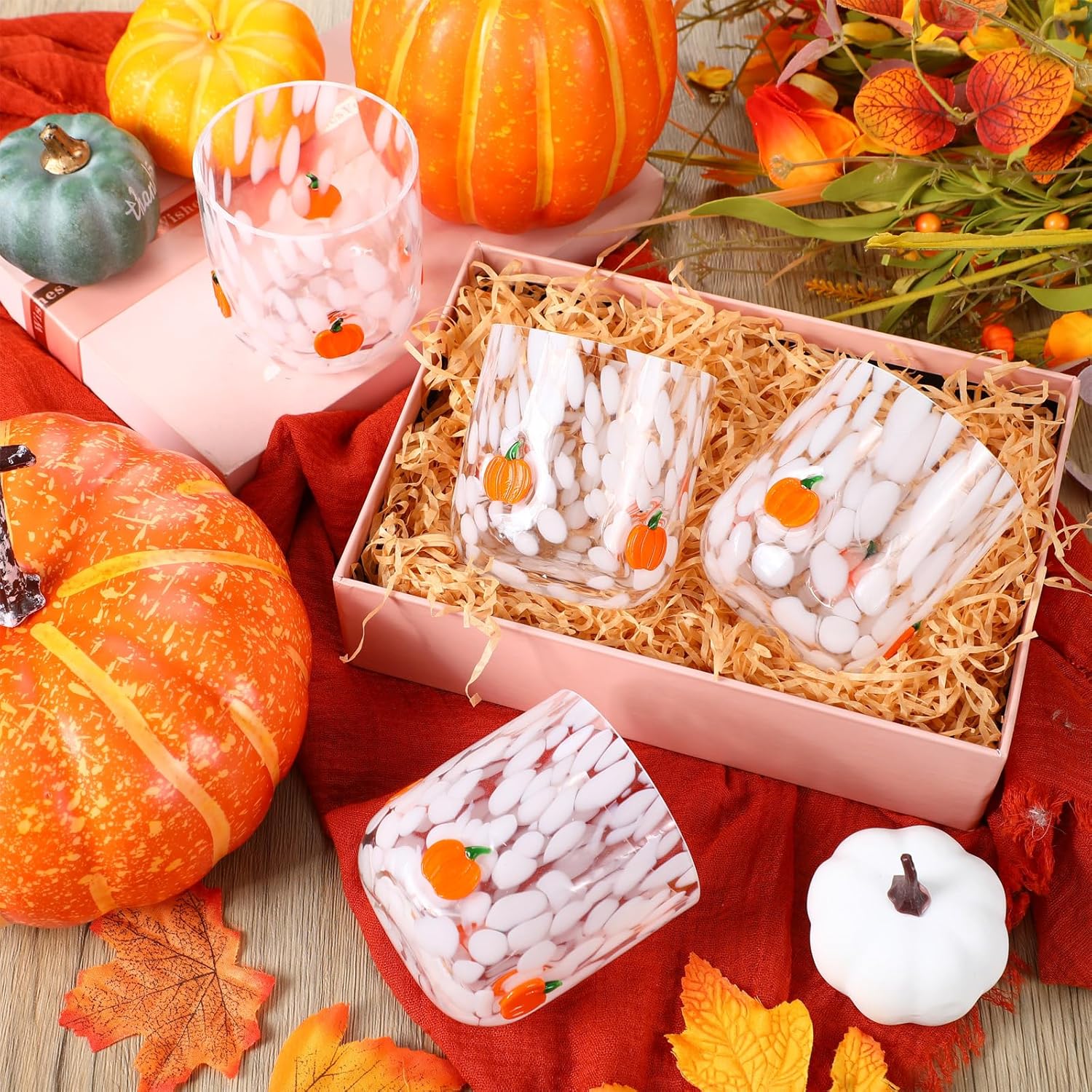 4 Pcs Thanksgiving Fall Icon Glass Cup 14 oz Icon Glass Cups Wine Stemless Double Old Fashioned Blown Cocktail for Women Friends Lovely Halloween Gifts(Pumpkin) - Image 3