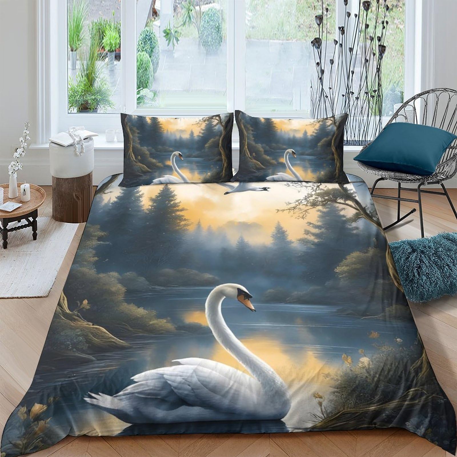 GPLZQXKJNH 3D Printed Swan Lake Duvet Cover Microfiber Soft Breathable Sunrise Forest Bedding Set with 2 Pillowcases for Bedroom Decor, Single（135x200cm）