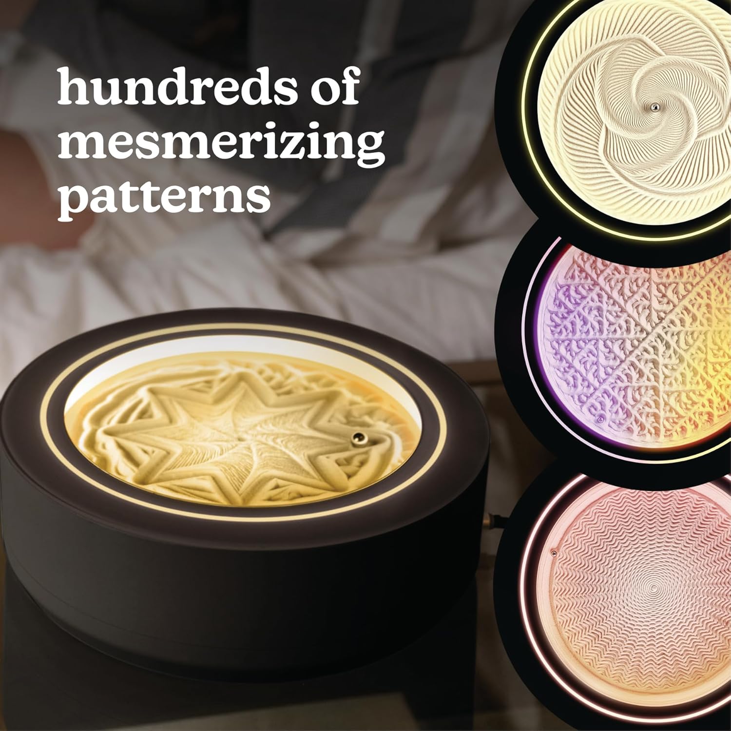 Close-up of the Homedics Drift Sandscape showing three different intricate sand patterns with varying ambient light colors.