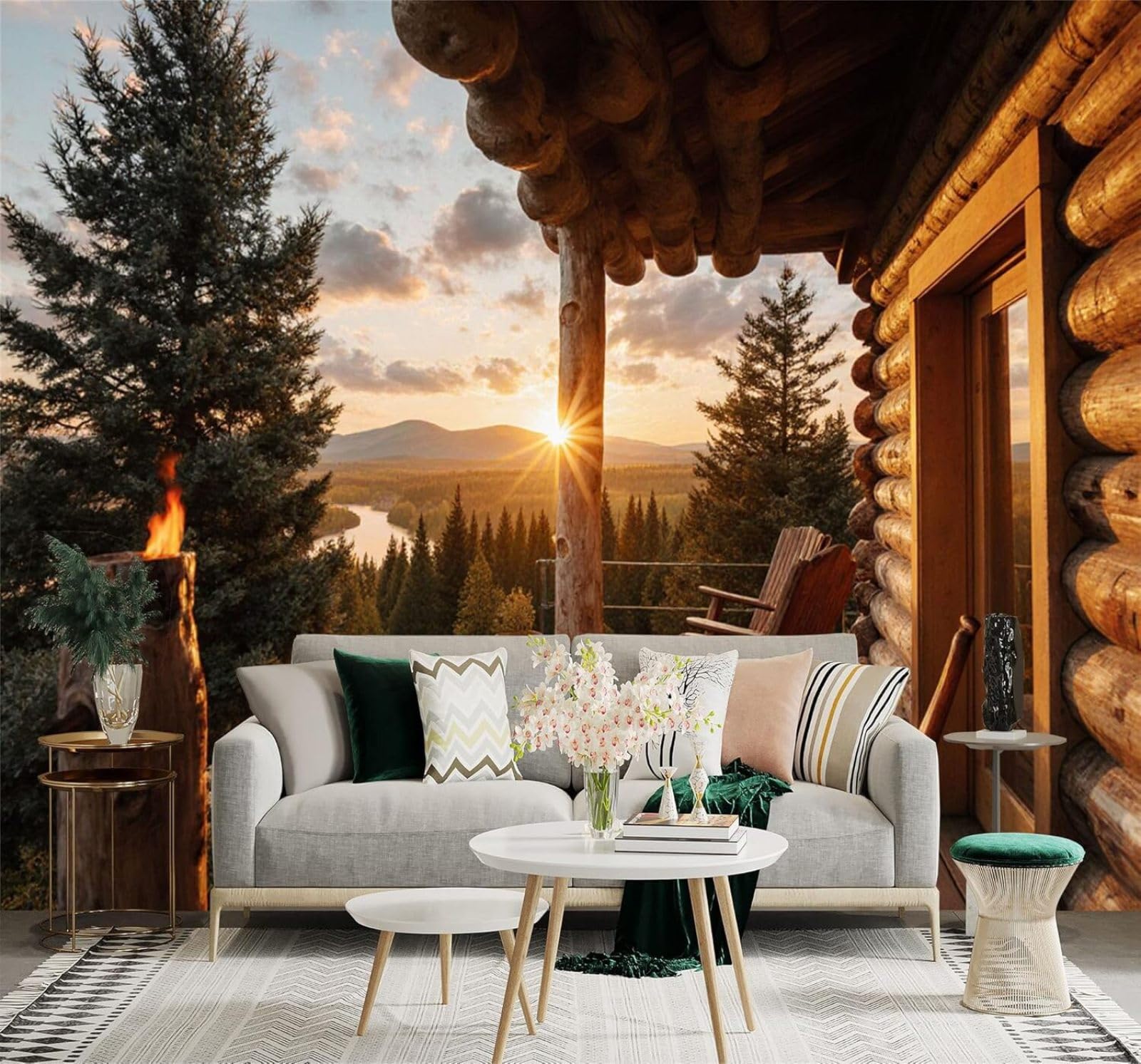 Xlming 250Cm×170Cm(B×H) Sunset Mountains Pine Forest Scenery Wooden Cottage Porch 3D Wallpaper Silky Texture Home Study Office Grey Dining Room Sofa Bedroom Living Room Tv Backdrop-250Cm×170Cm