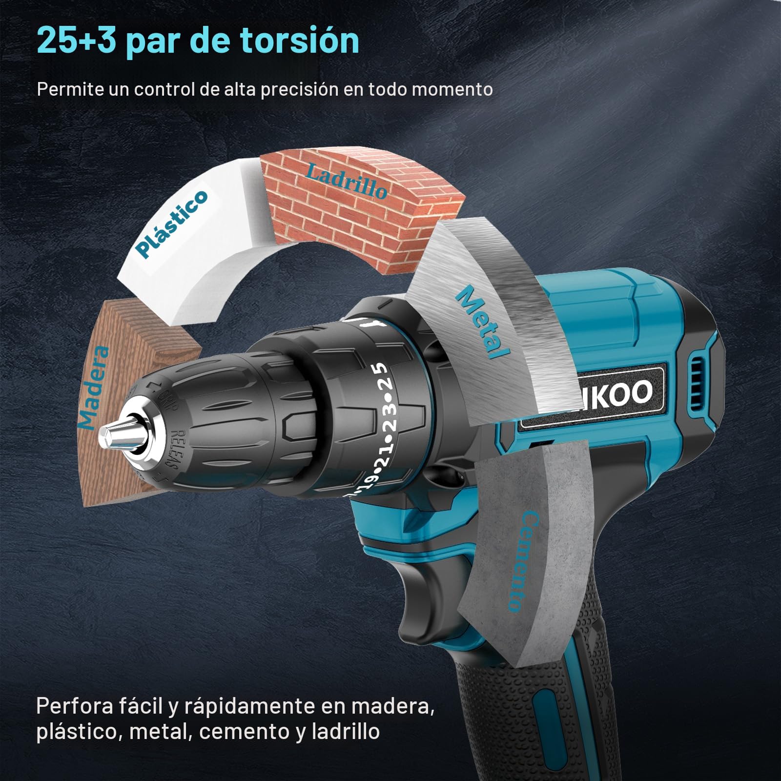 Taladro Percutor a Bateria 21V, LEEIKOO Taladro Atornillador Bateria, 42N.m Atornillador Electrico con Batería 2.0Ah, 25+3 Ajuste de Par, 24 Accesorios, 2 Velocidad, LED Luz Para Hogar, Bricolaje
