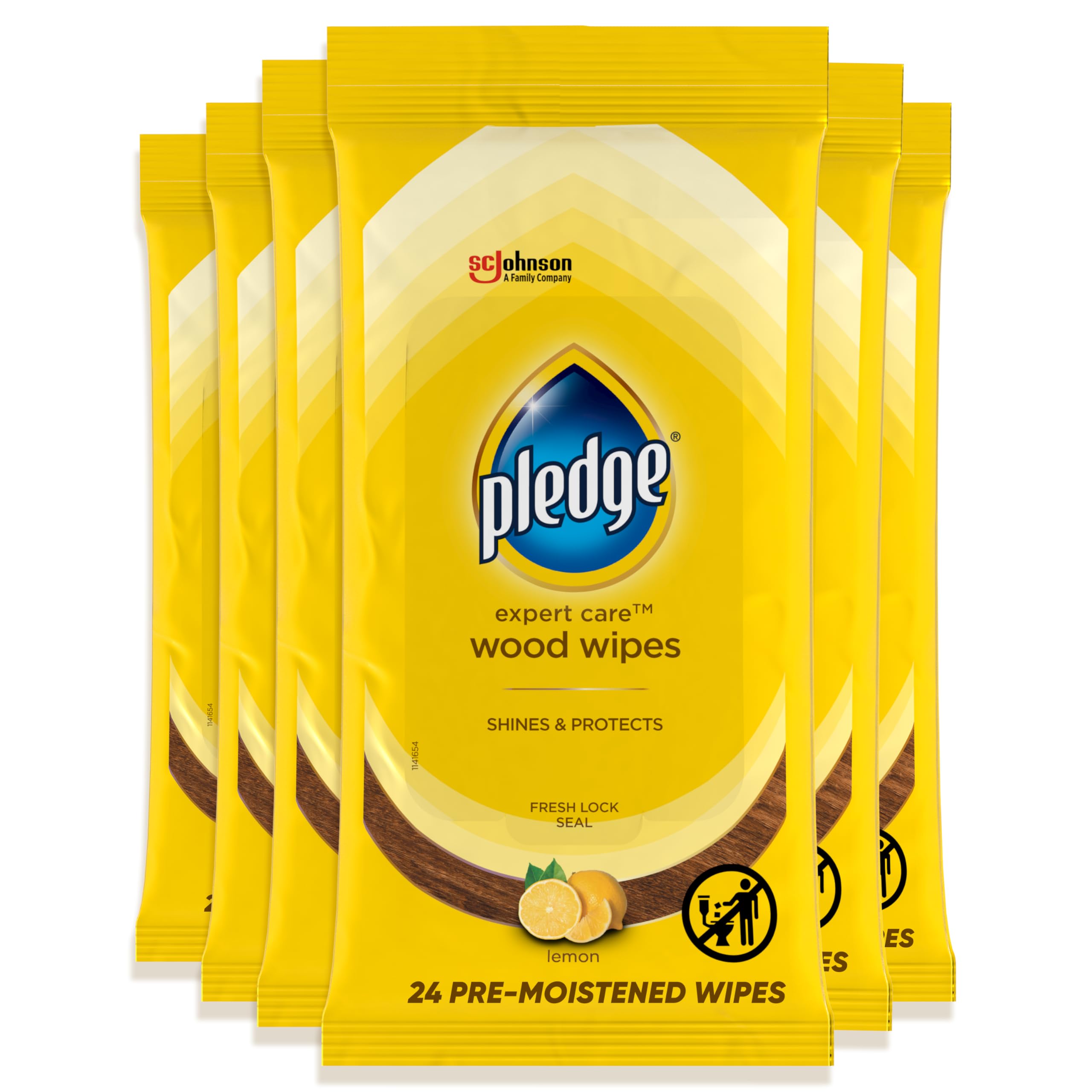 Pledge Pre-Moistened Wood Furniture Wipes, Lemon, 144 Total Count, (6-Pack)