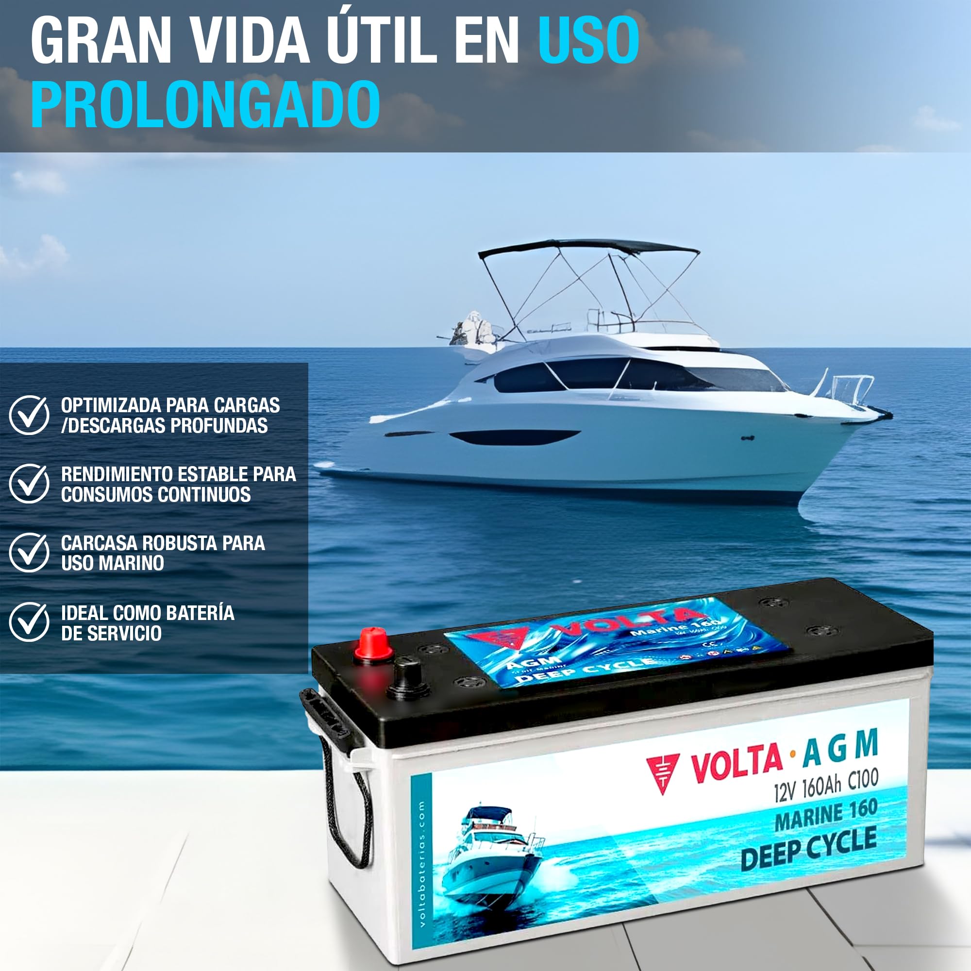 Bateria de Barco Volta Marine 160, AGM 12V 160Ah, Especial para embarcaiones, Batería Barco 12v (AGM Deep Cycle) Gran Vida Útil, 512x186x243 mm, Fabricación Europea, Bateria Solar de Ciclo Profundo