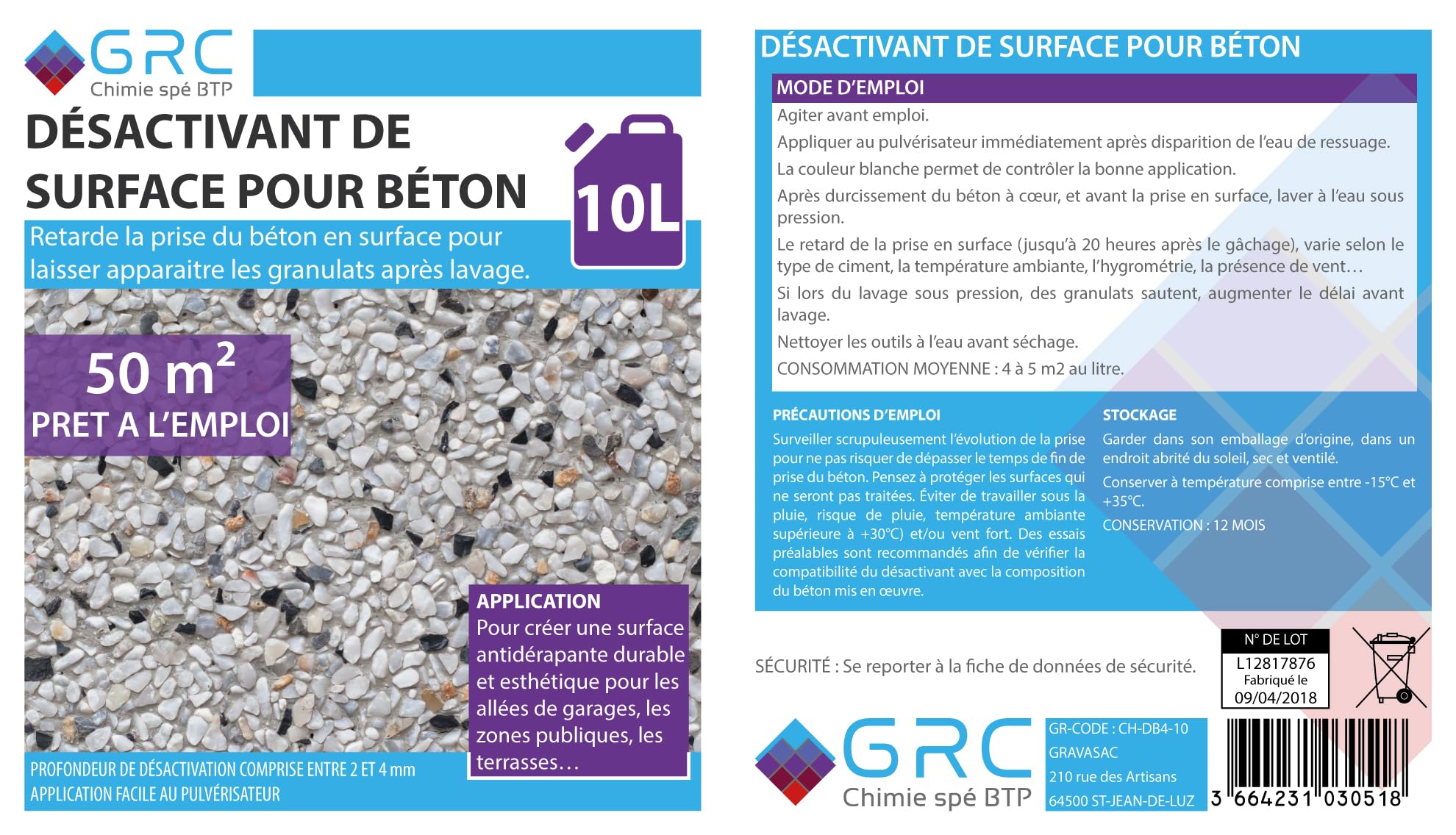 Desactivador de superficie de hormigón GRC – Retarda el enchufe para hormigón lavado 2-4 mm – Listo para usar – 10L para ~50 m² – Fácil aplicación en pulverizador – Superficie estética y
