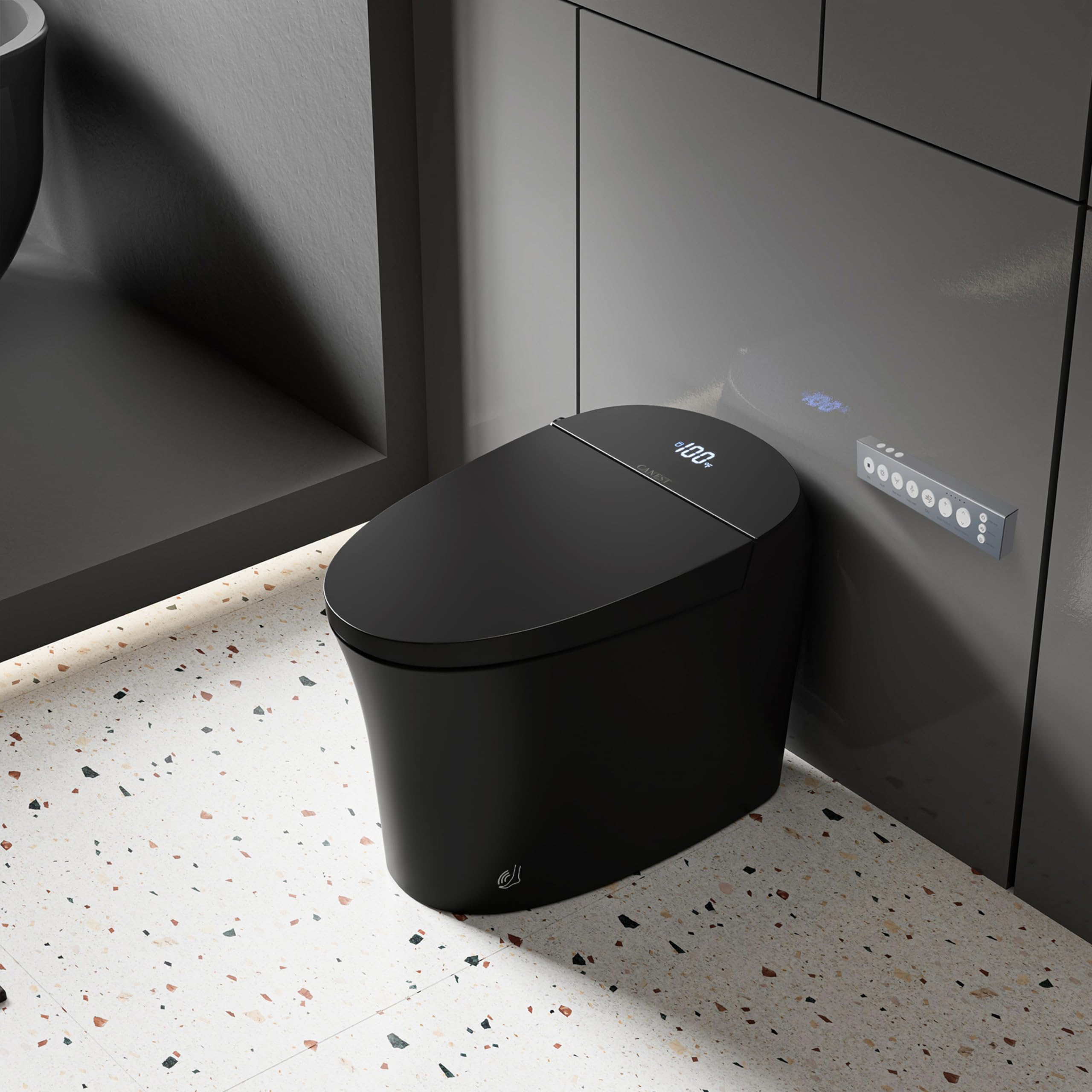 CANEST Black Smart Toilet – Tankless Bidet With Heated Seat, Foot Sensor, Auto Open/Close, Dual Flush, Remote Control, Night Light, TC-200BG