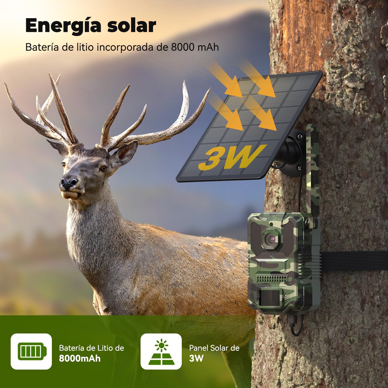 DEATTI 4G LTE Cámara de Caza 2.7K con Tarjeta SIM, Solar Camara Fototrampeo con App, Detección PIR por Infrarrojos Invisible, Cámara Caza Nocturna con 8000mAh Batería, Tarjeta TF de 64 GB IP66
