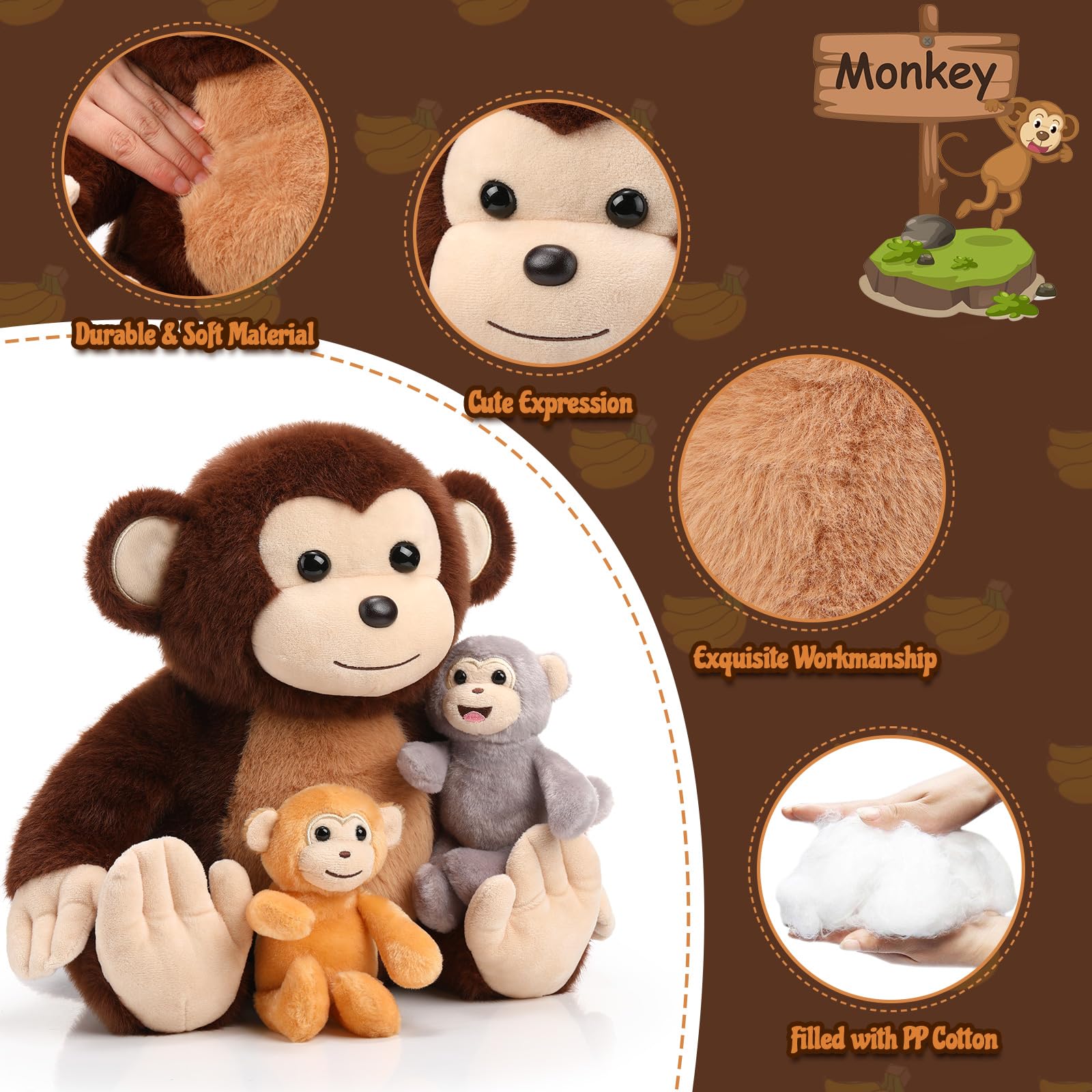 Aoriher 5 Pieces Monkey Plush Toy Set 1 Mommy Monkey Stuffed Animal with 4 Cute Plush Babies in Her Tummy 13 Inch Cuddly Monkey Plushie Gifts for Christmas Boys Girls Birthday Party(Cute Style) - Image 7
