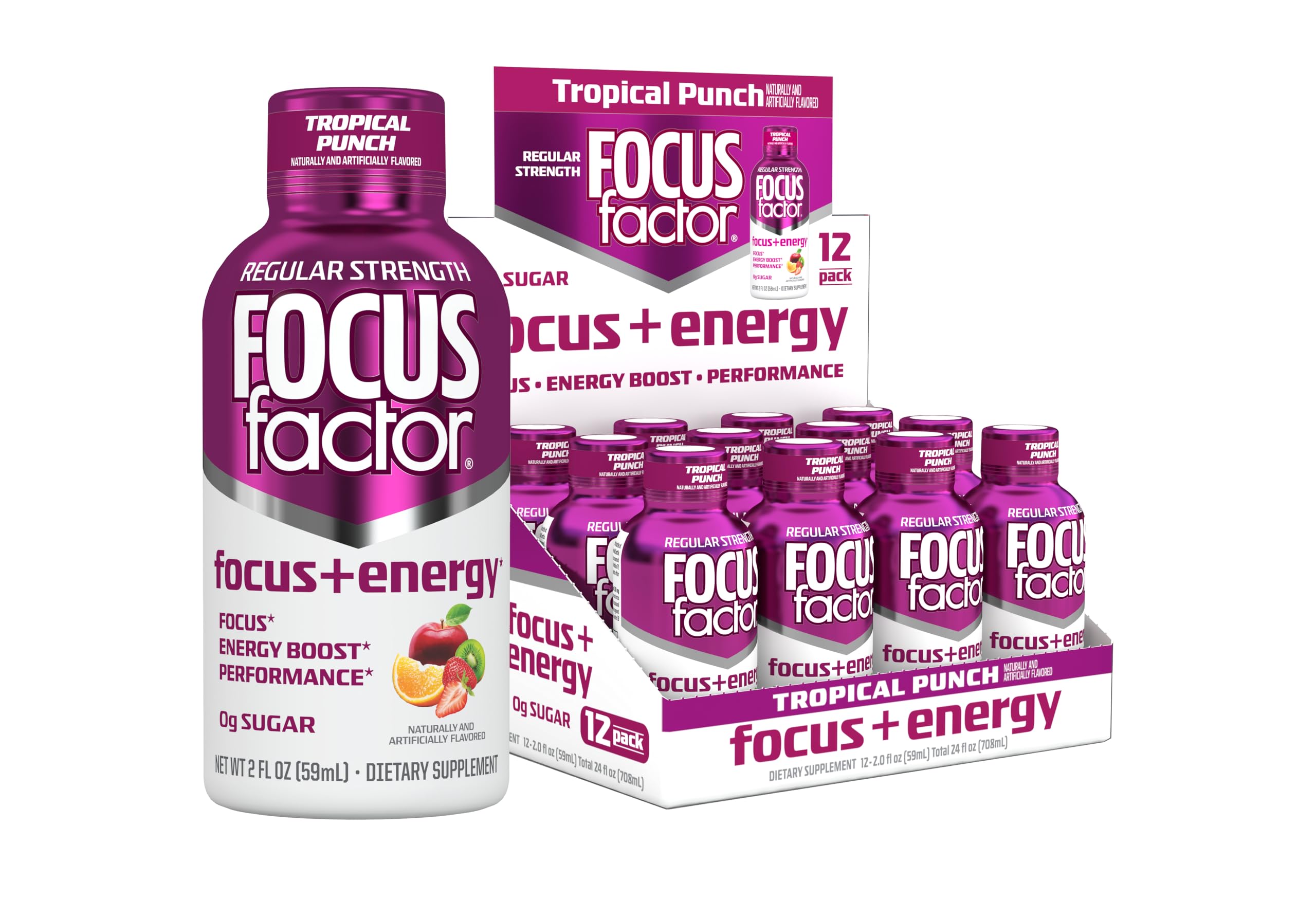 Focus Factor Shots para Energia e Foco com Cafeína, L-Teanina, Ginkgo, Bacopa, L-Tirosina e Alpha GPC, 12 garrafas de 60 mL