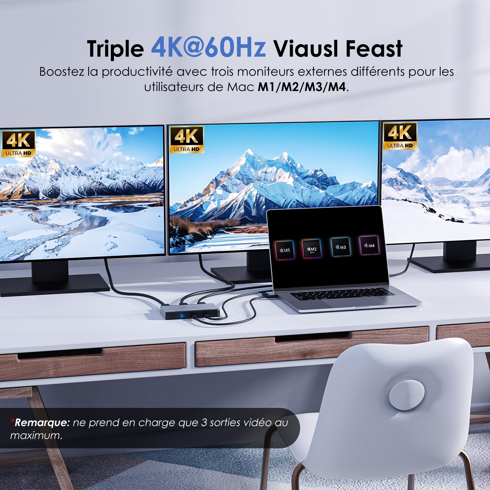 WAVLINK Station d'accueil pour 3 moniteurs, Adaptateur Triple Moniteur pour systèmes macOS Hôtes Type-C&A, 100W PD in, 3 HDMI 2 DP Disponibles,Triple 4K@60Hz,Pilote SMI et hôte USB3.2 Gen 2 requis