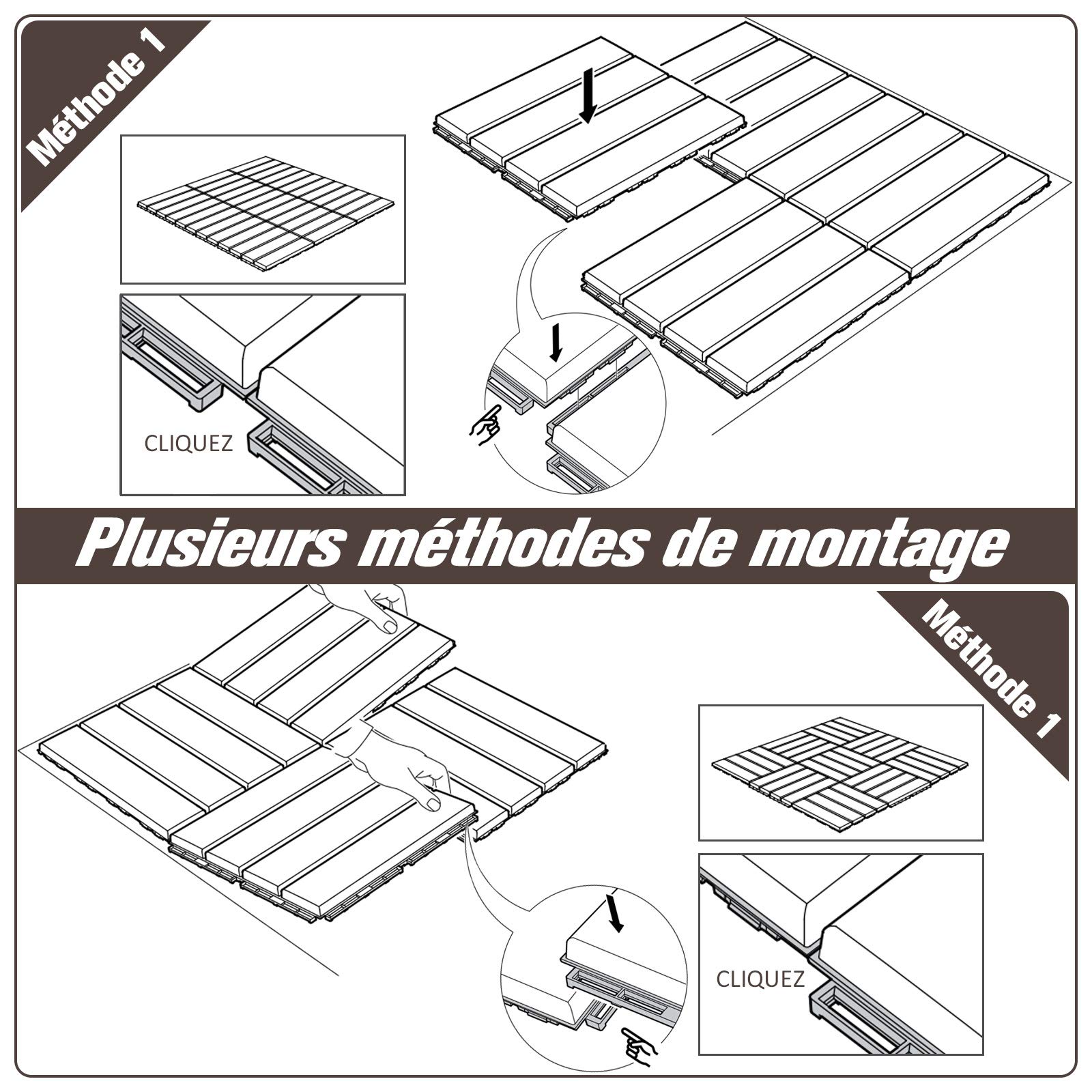 Outsunny Caillebotis Plastique Emboîtables Pose Simple Lot de 9 Chocolat | Dalles Terrasse, Petits Carreaux Composite Imitation Bois