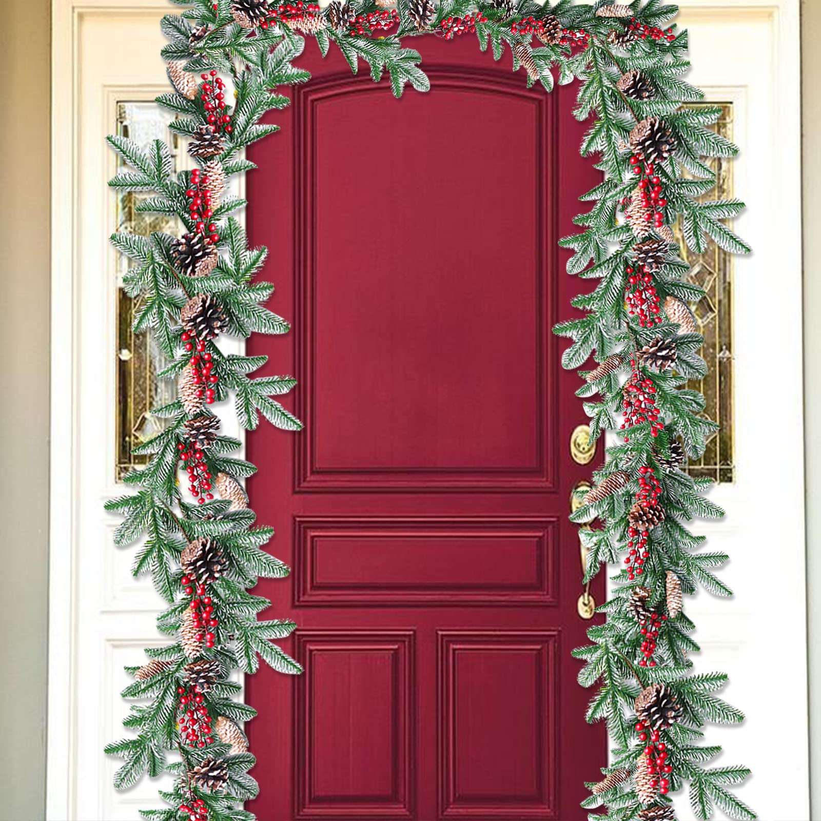Guirnalda de pinos artificiales de 1,6 m con ramas de bayas rojas, piños, piños, guirnalda de vegetación de invierno para temporada festiva, chimenea, camino de mesa, centro de mesa, decoración 062035