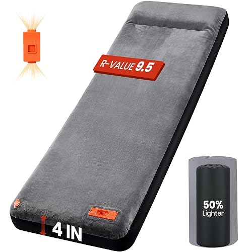 Self Inflating Sleeping Pad with Electric Pump, 4' Ultra-Thick Foam Sleeping Mats for Camping with Built-in Pillow, 9.5 