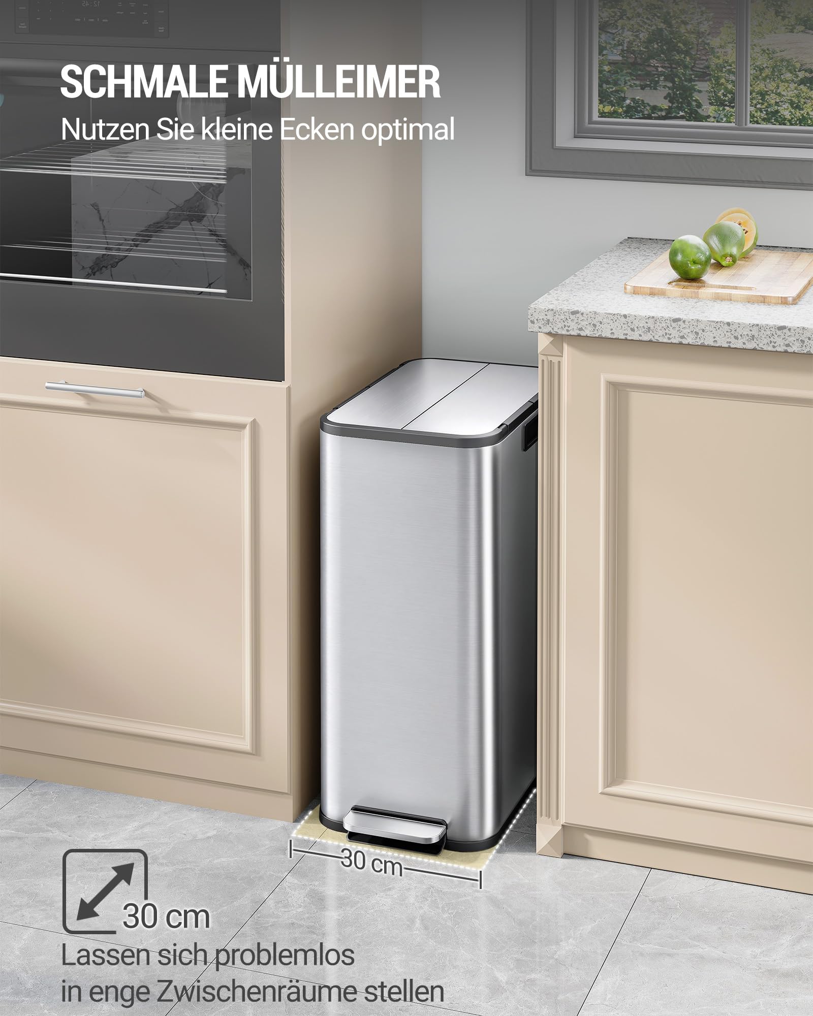 Hzuaneri Mülleimer Küche, 2 x 28 Liter Mülleimer Schmal, Mülltrennsystem mit Herausnehmbarem Inneneimer, Inklusive 15 Spezial-Müllbeuteln, Silber SW22899E