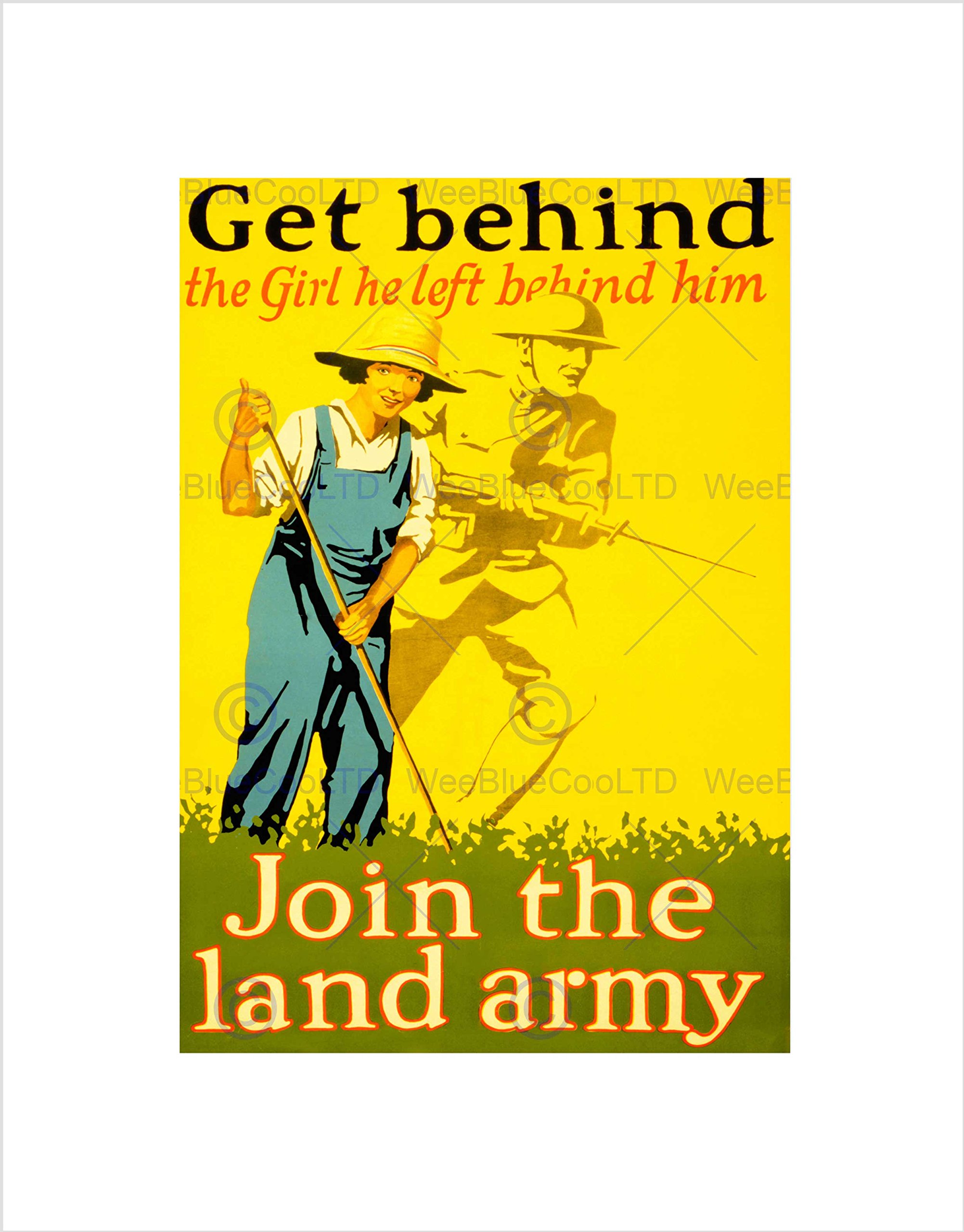 Wee Blue Coo WAR WWI ALLIES LAND ARMY GIRL SOLDIER BAYONET HOE FARM FRAMED PRINT B12X7697