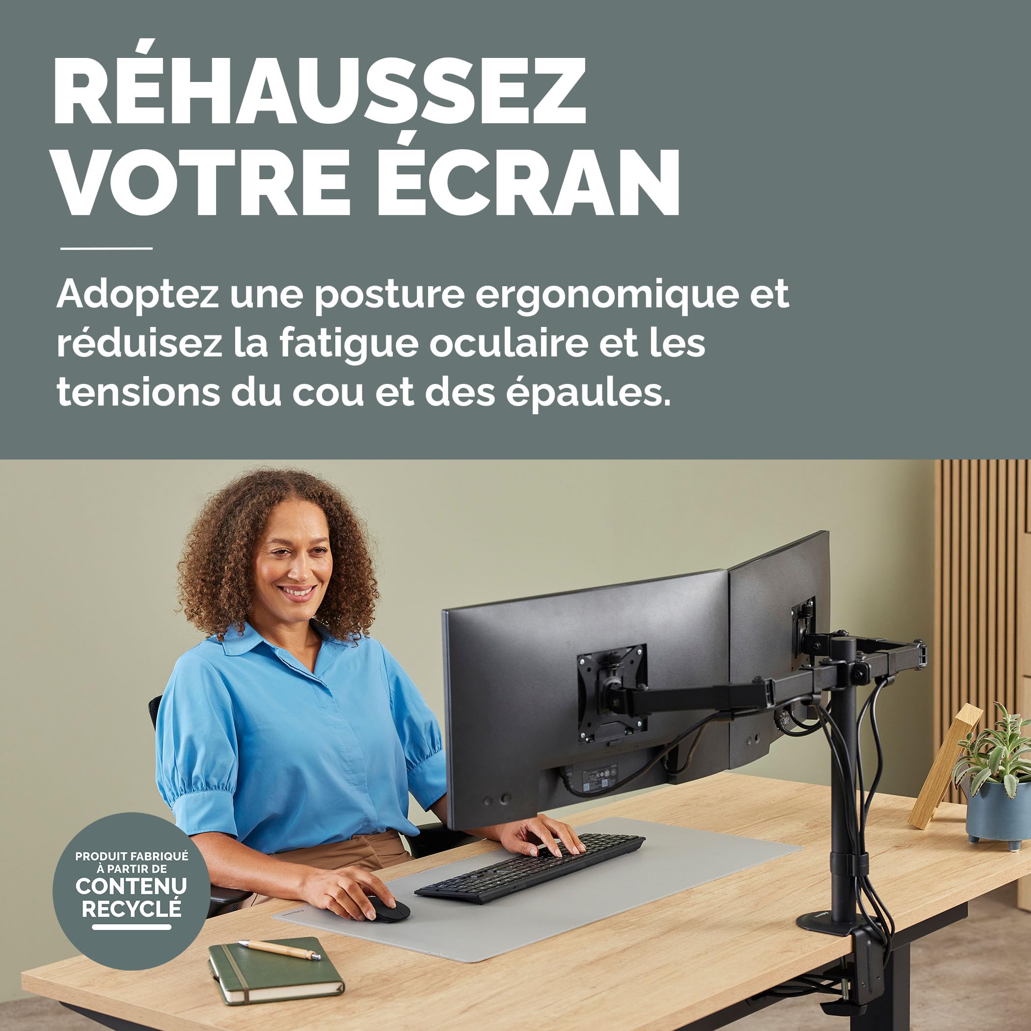 Fellowes Everyday Bras Écran Double Réglable – Supporte Deux écrans Jusqu’à 32" et 9 kg, Inclinaison, pivotement, Rotation, VESA 75/100, Fixation par Pince ou œillet, Gestion des câbles.