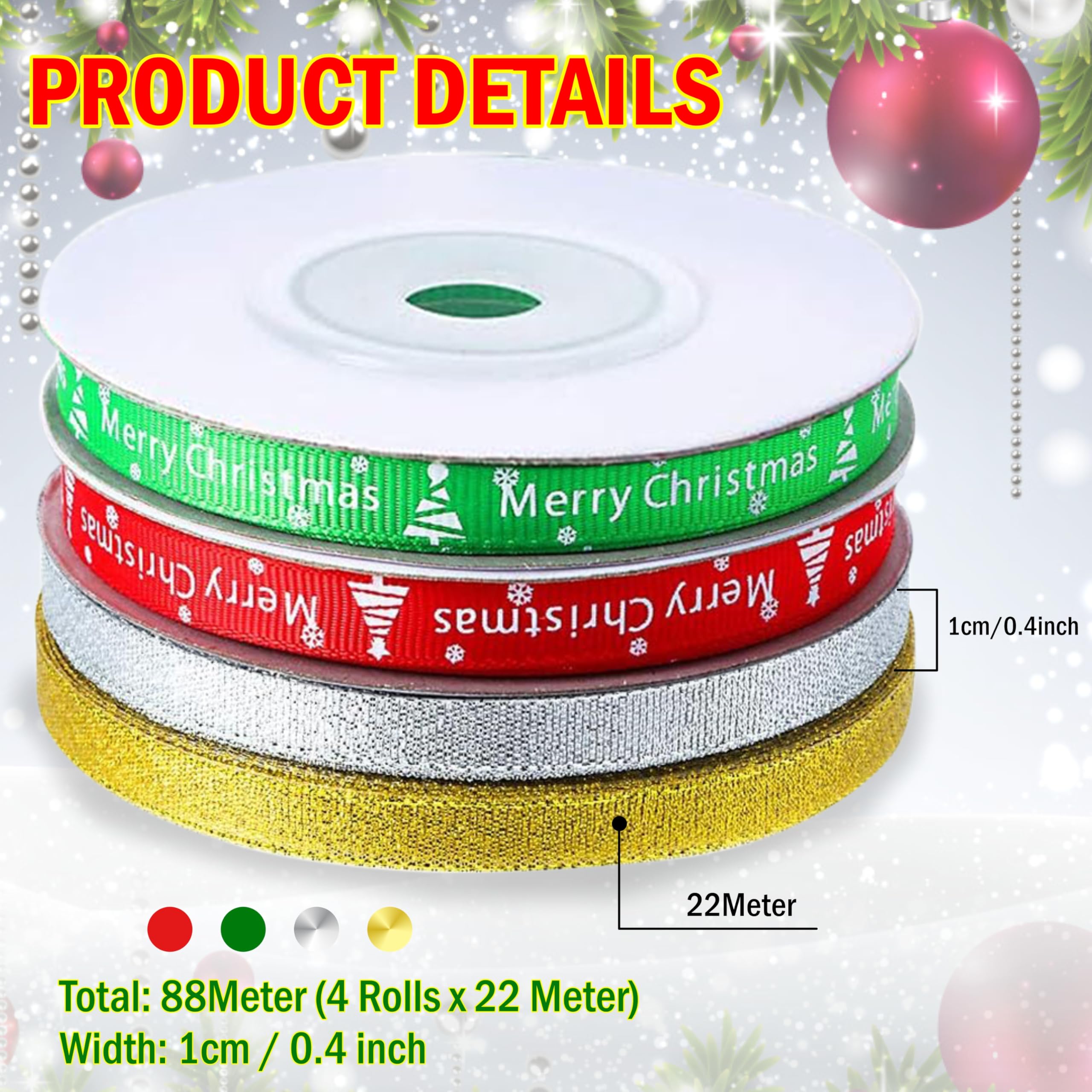 Christmas Ribbon for Gift Wrapping-Satin Ribbons Red, Green, Golden & Silver for Merry Christmas Gifts - Image 2