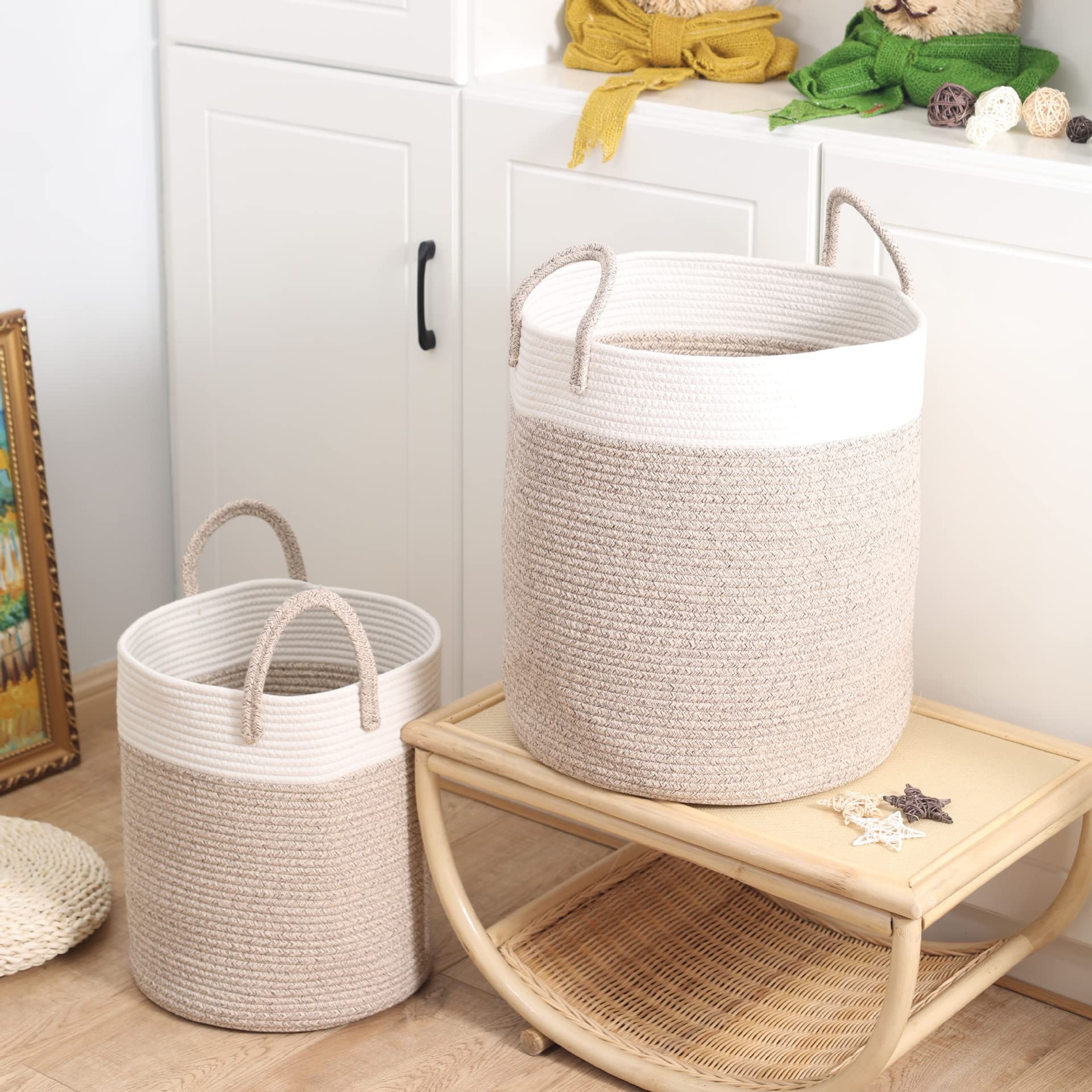 Cesta de almacenamiento Estilo japonés Cuerda de algodón Tejido Ropa sucia Cesta de lavandería Impermeable Portátil Gran capacidad Plegable Caja de almacenamiento de artículos diversos (Blanco marró