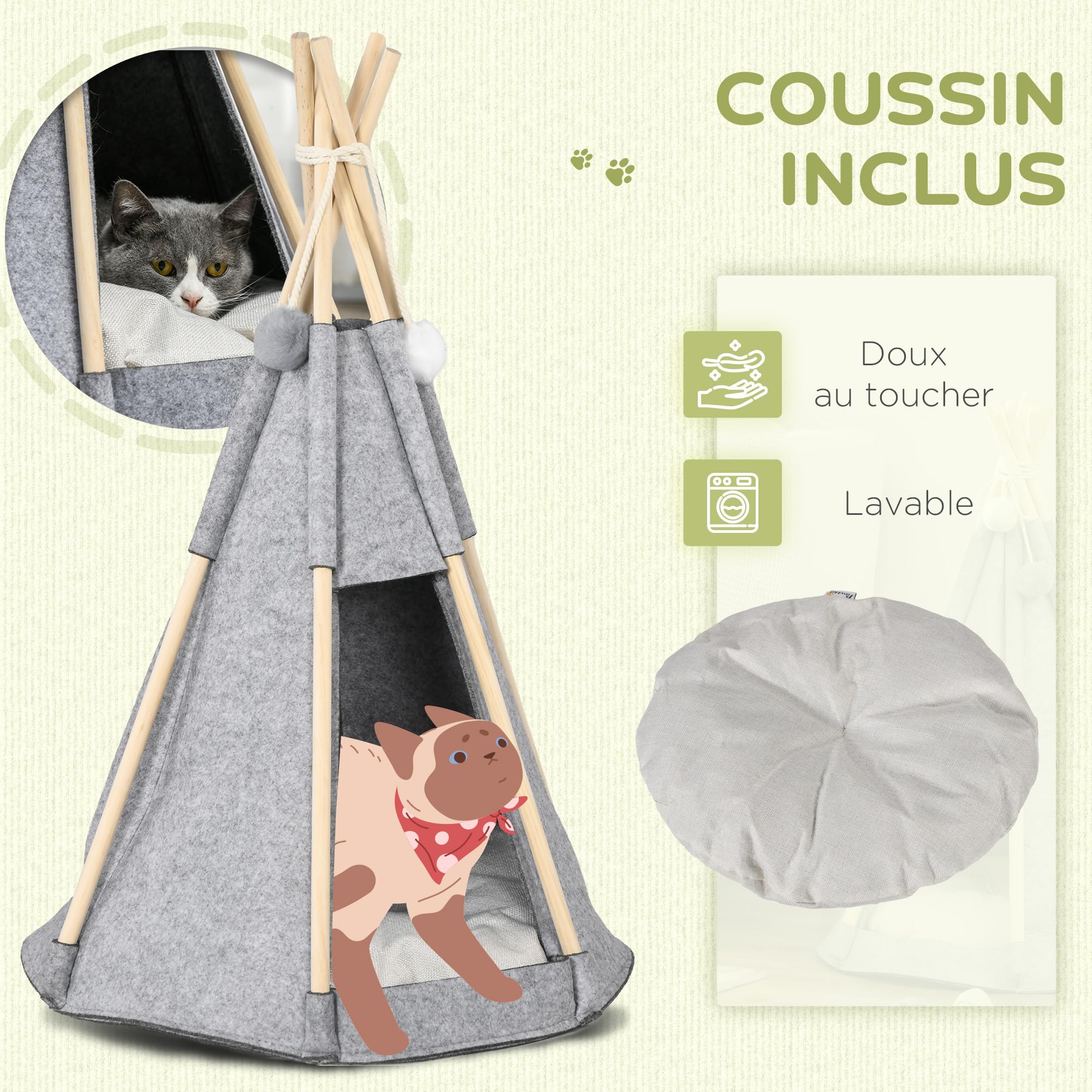 PawHut Namiot tipi dla zwierząt - Teepee Cat or Dog - Gruba poduszka Grand Comfort 2 pompki w zestawie - domek dla kota, struktura drewna sosnowego, filc pluszowy, szary