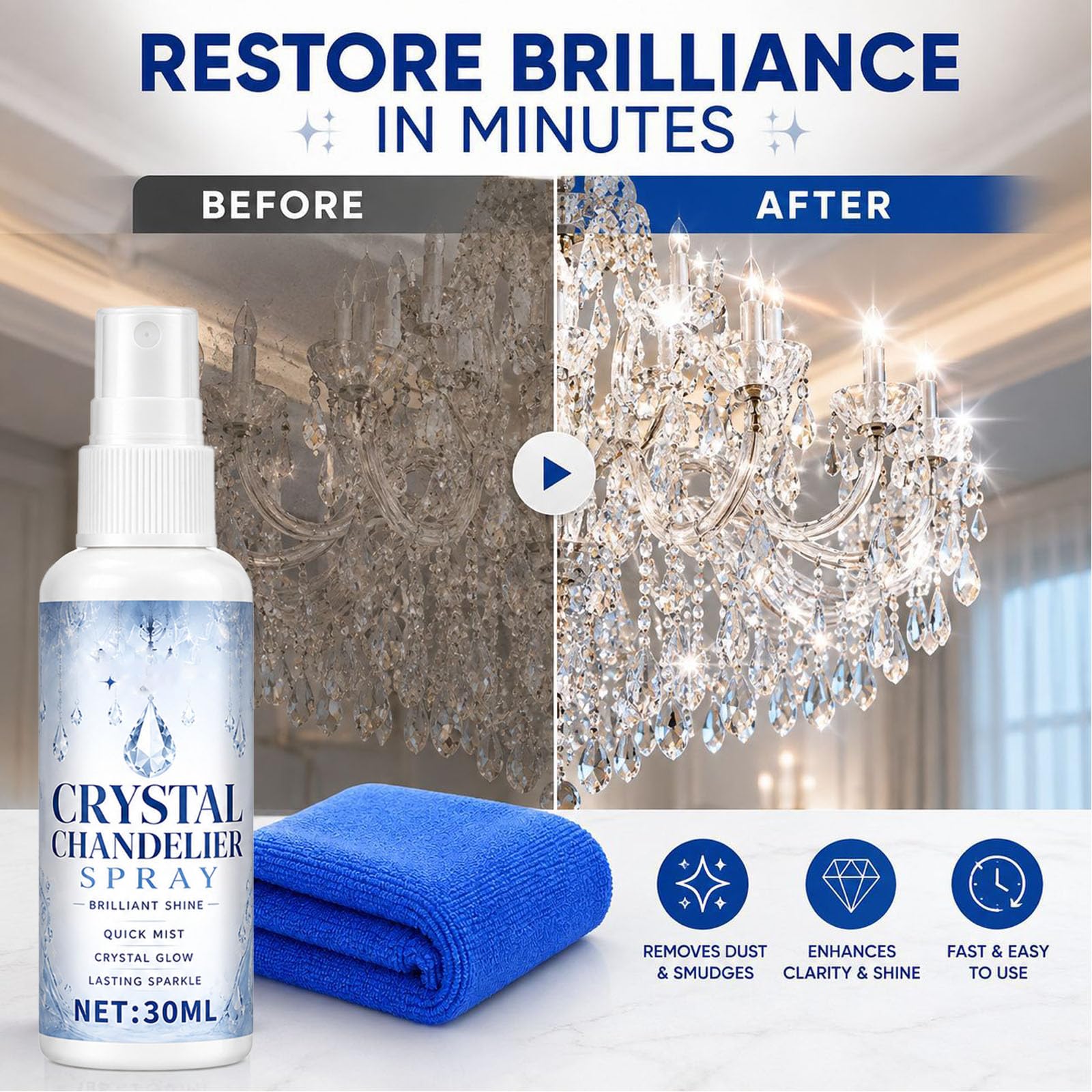 Detergente per lampadari in cristallo, spray detergente per vetri senza strisce, rimuove la polvere e ripristina la lucentezza su applique e luci a sospensione, vetro e apparecchi di (16PCS)