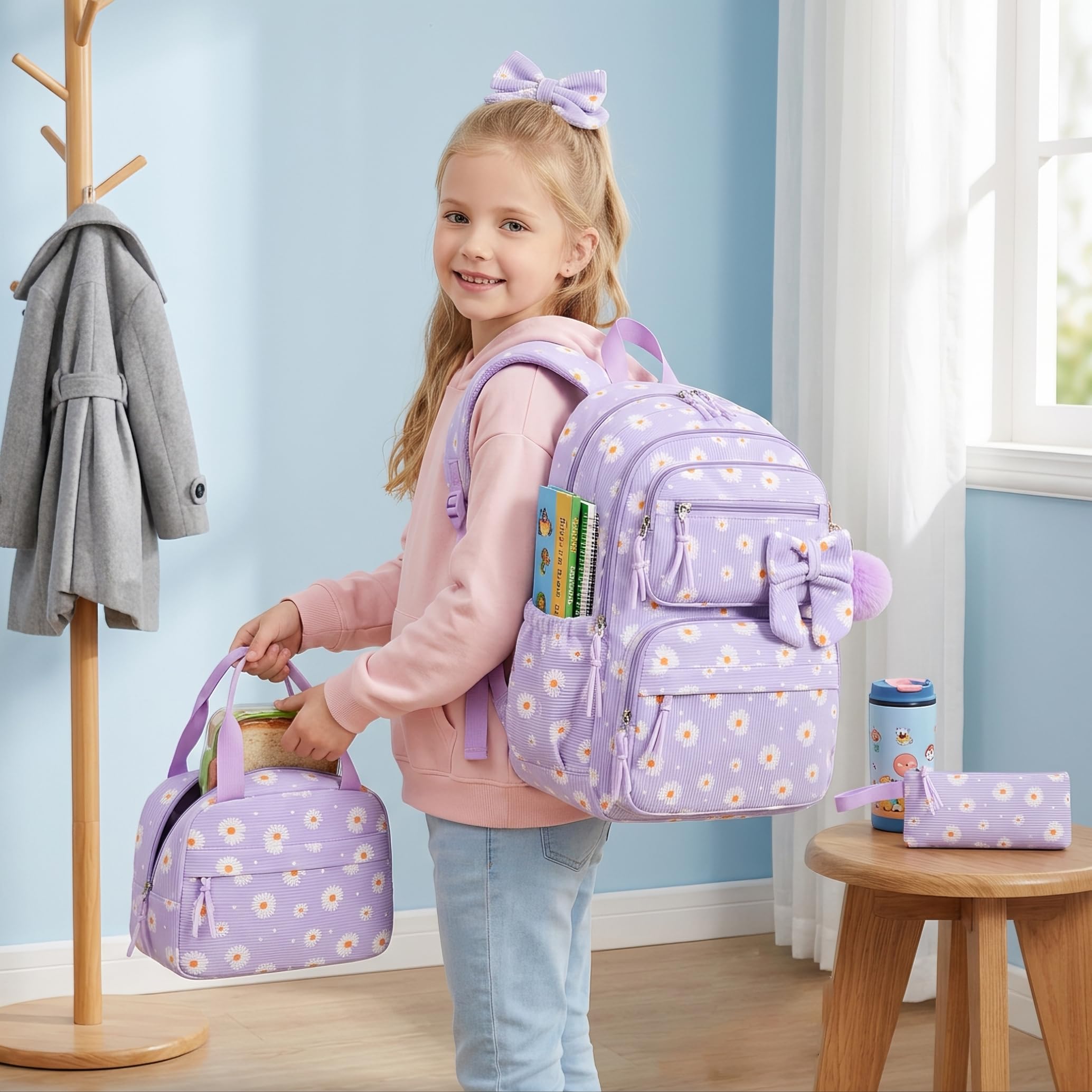 Zaino per ragazze da 3 pezzi/set con scatola per il pranzo e borsa con fiori carini con custodia Pecil viola