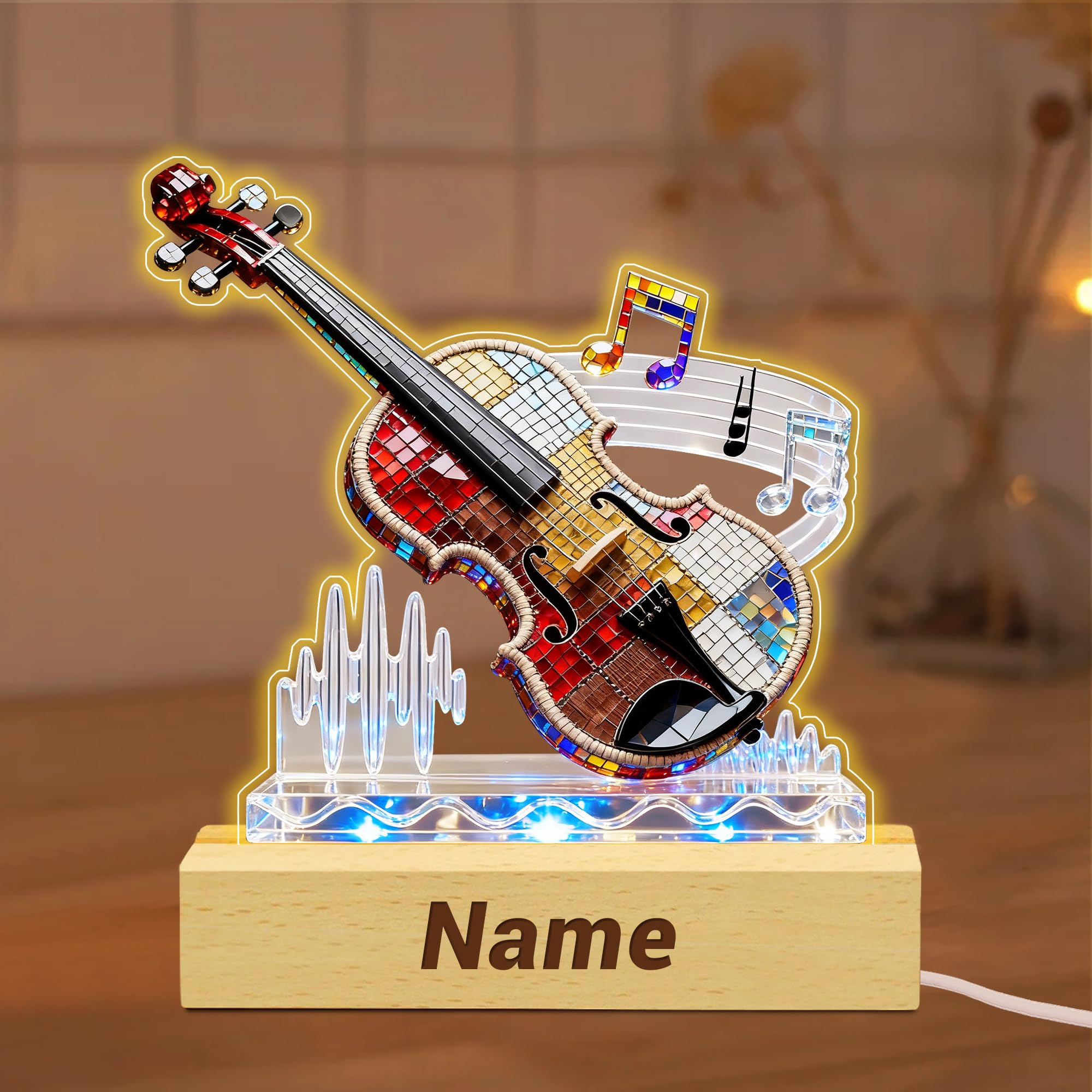SweetJECCU Personalized Stained Glass Violin Night Light Custom Name Multiple Color Changing LED Violin Lamp, Light Up Violin Desk Ornament, Birthday Christmas Gifts for Music Lovers (Lamp-Violin)
