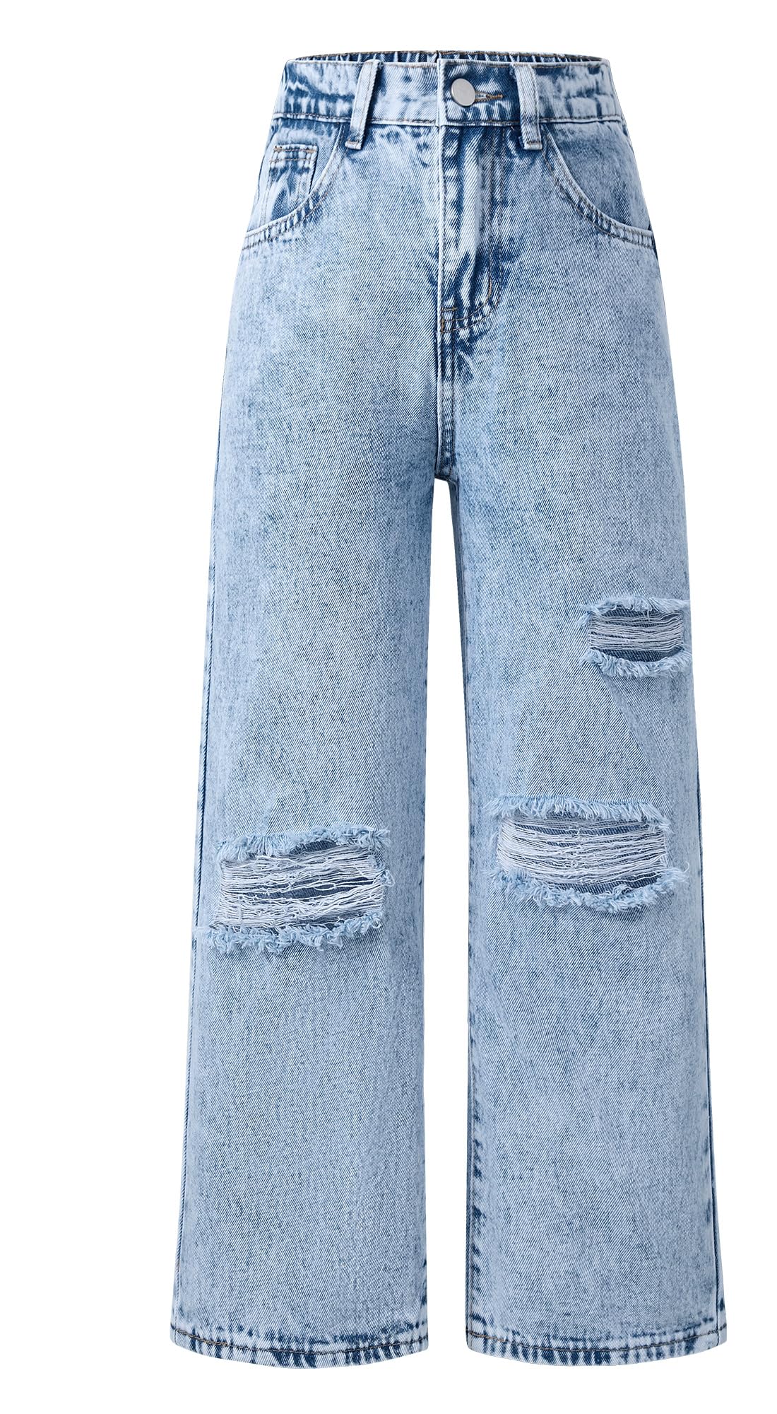 Maeau Jeans da ragazza in denim strappato invecchiato jeans elastico in vita diritta gamba larga pantaloni in denim per bambini casual larghi vintage Streetwear