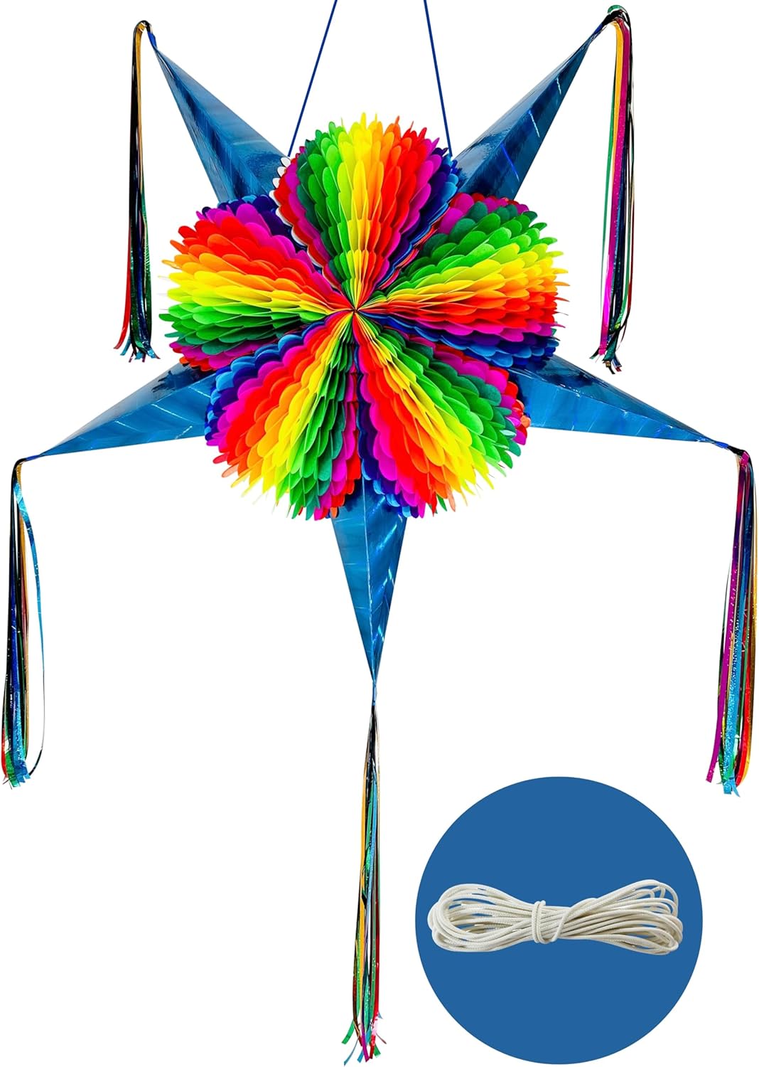 X-Large Mexican Piata Star with Blue Cones and 30 Ft Rope, Holds 3.5 Lbs of Birthday Party Pinata Filler, 32" Large Piata para Cumpleaos, Adult Pinatas for Cinco de Mayo, Halloween Decorations