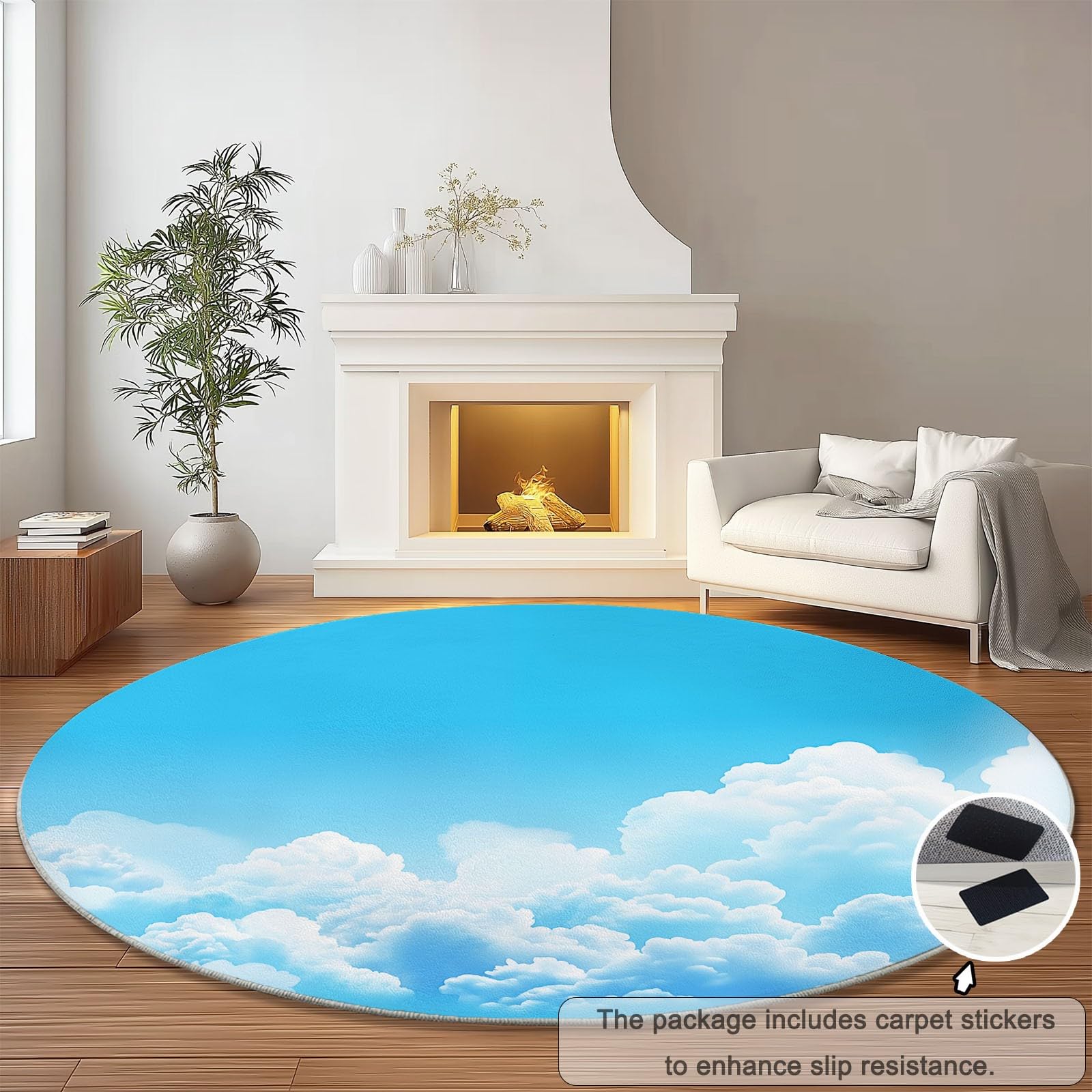 Genérico Alfombra Redonda para habitación Infantil Patrón De Nubes Blancas, Estilo De Cielo Natural Alfombra Antideslizante Suave y esponjosa para Sala de Estar, Dormitorio, Comedor, 150 cm, Azul