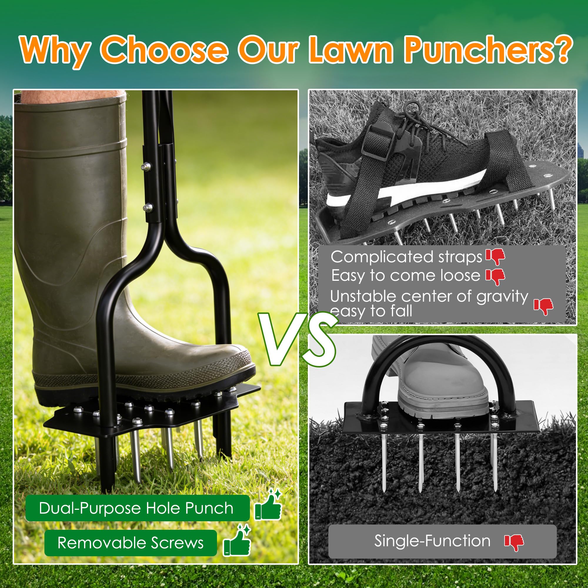 2-in-1 Lawn Aerator, Heavy Duty Manual Core Aerator Lawn Tool with 16 Iron Spikes & 4 Hollow Tines Garden Tools for Yard Grass Soil - 5